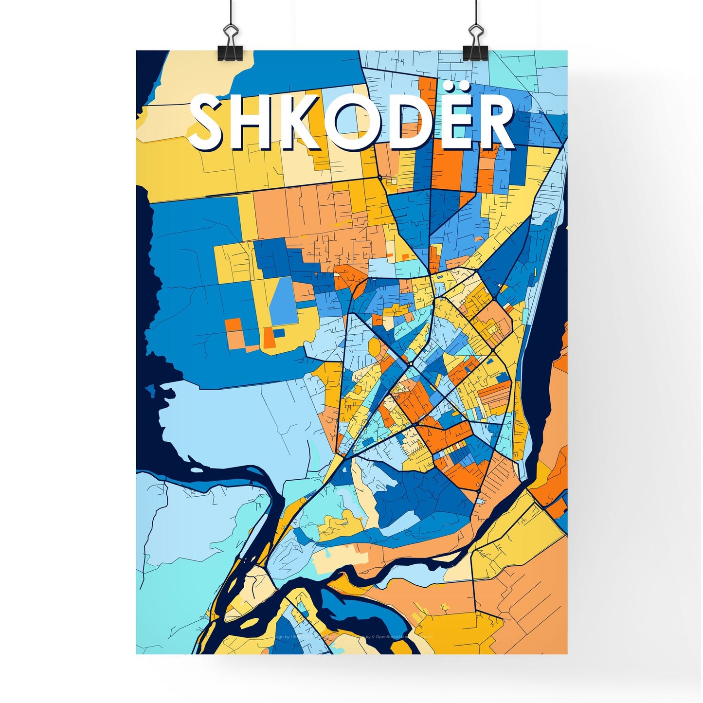 SHKODËR ALBANIA Vibrant Colorful Art Map Poster Blue Orange