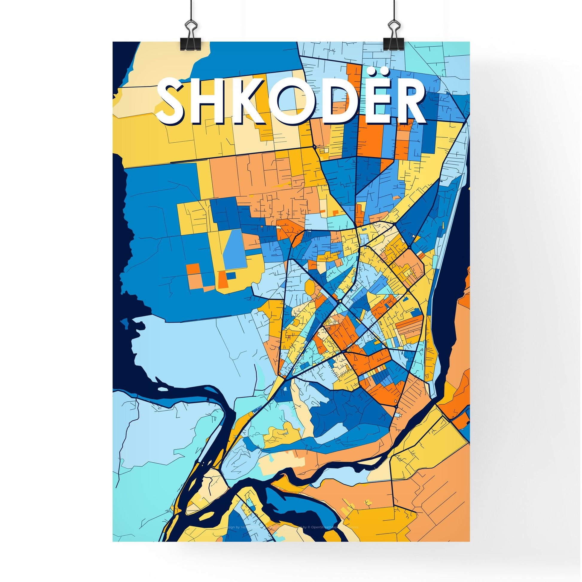 SHKODËR ALBANIA Vibrant Colorful Art Map Poster Blue Orange