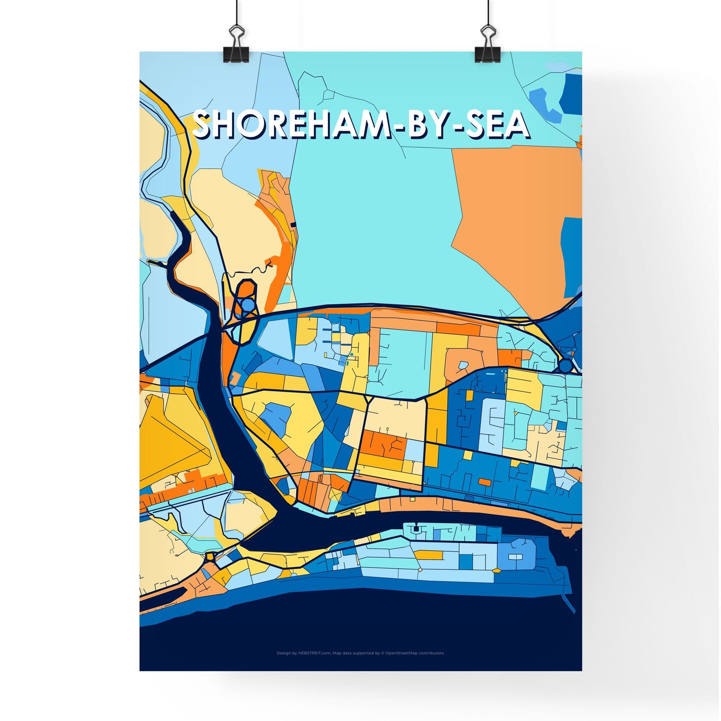 SHOREHAM-BY-SEA ENGLAND Vibrant Colorful Art Map Poster Blue Orange