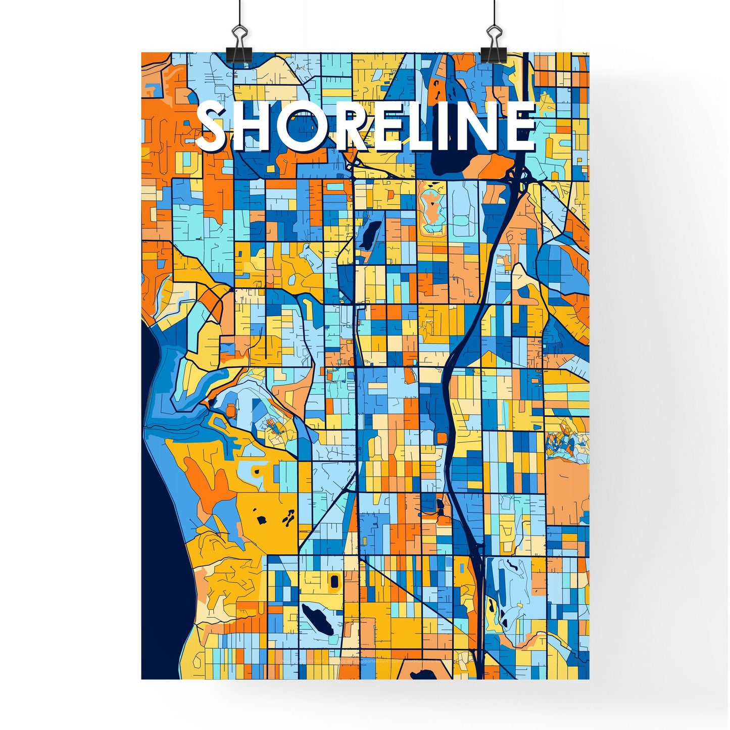 SHORELINE WASHINGTON Vibrant Colorful Art Map Poster Blue Orange