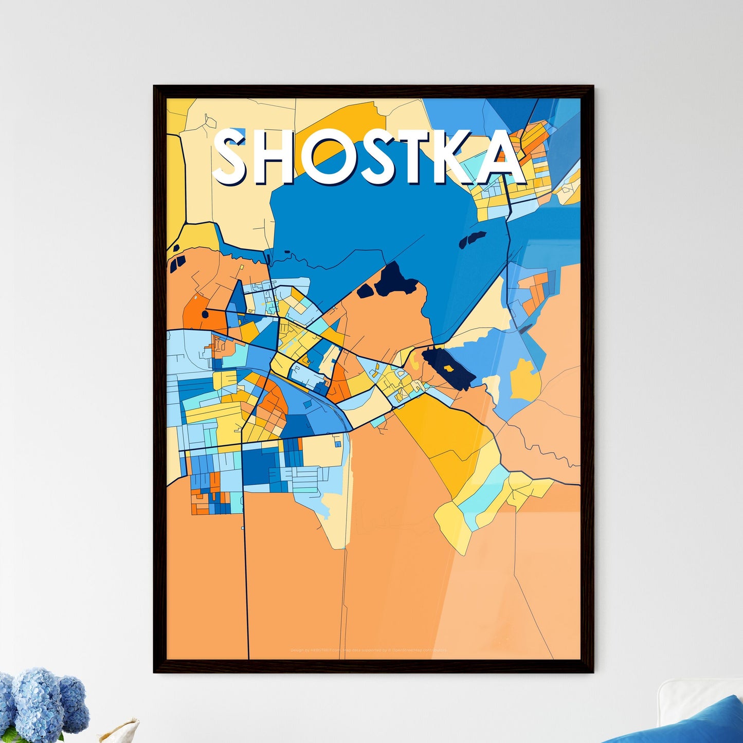 SHOSTKA UKRAINE Vibrant Colorful Art Map Poster Blue Orange