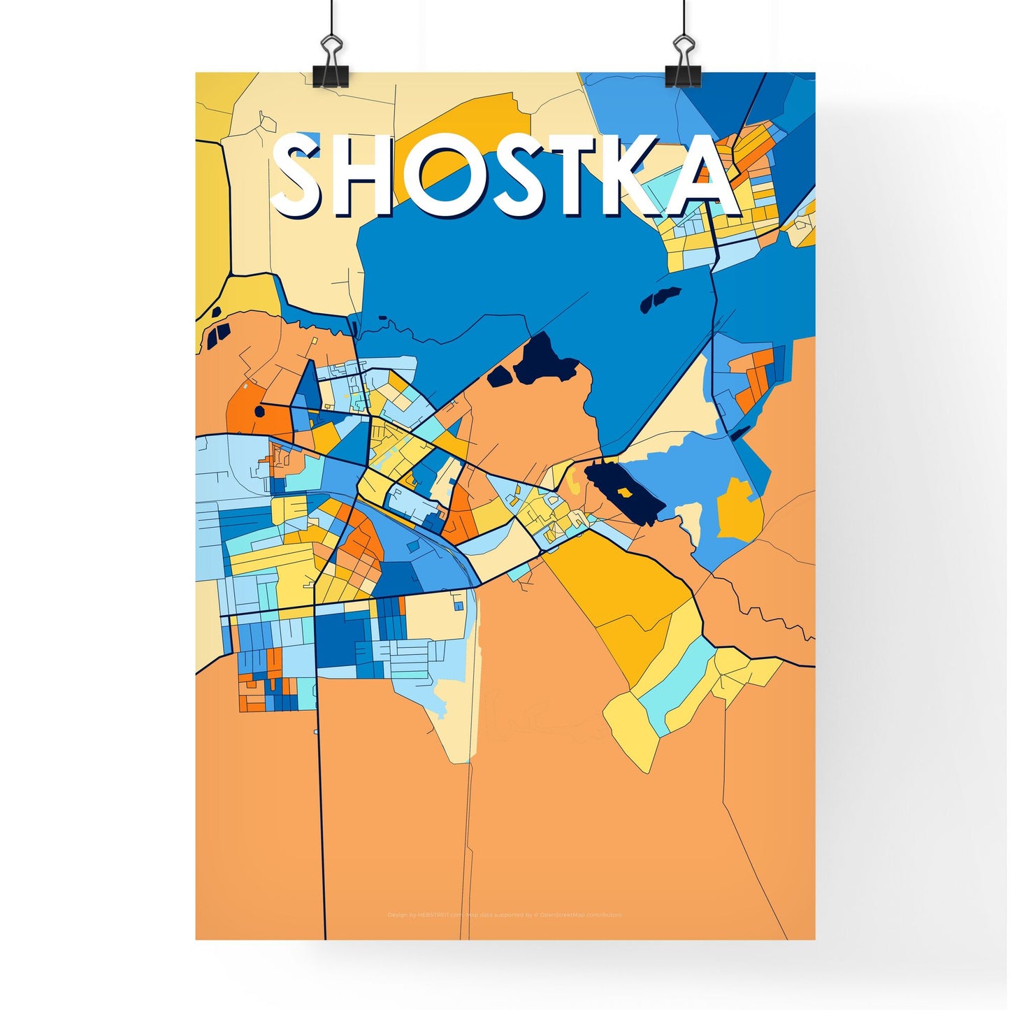 SHOSTKA UKRAINE Vibrant Colorful Art Map Poster Blue Orange