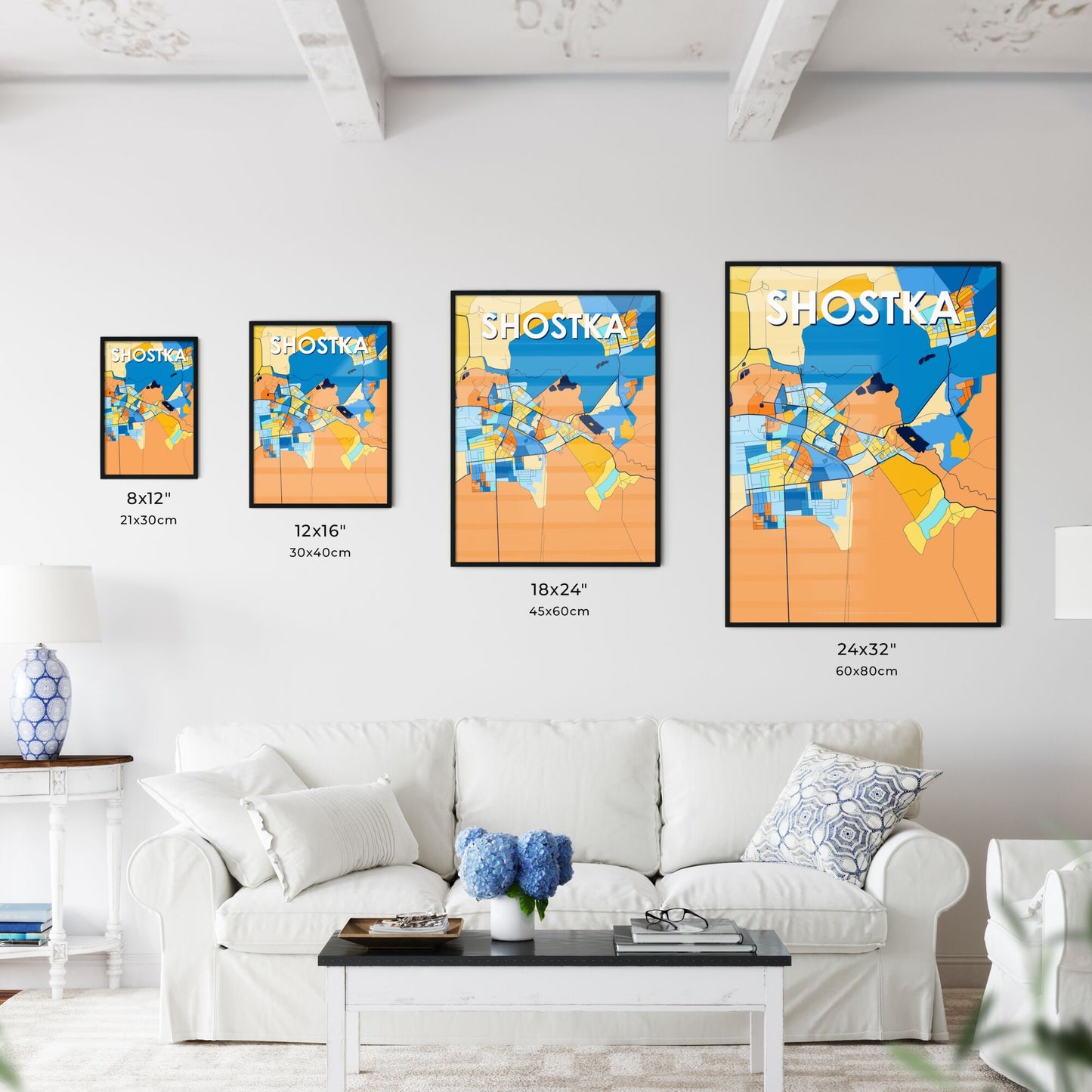 SHOSTKA UKRAINE Vibrant Colorful Art Map Poster Blue Orange