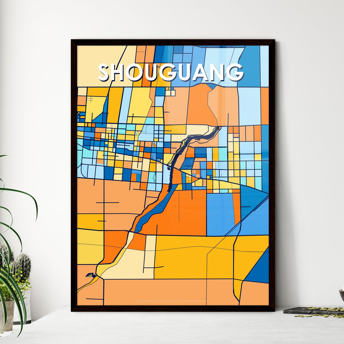 SHOUGUANG CHINA Vibrant Colorful Art Map Poster Blue Orange