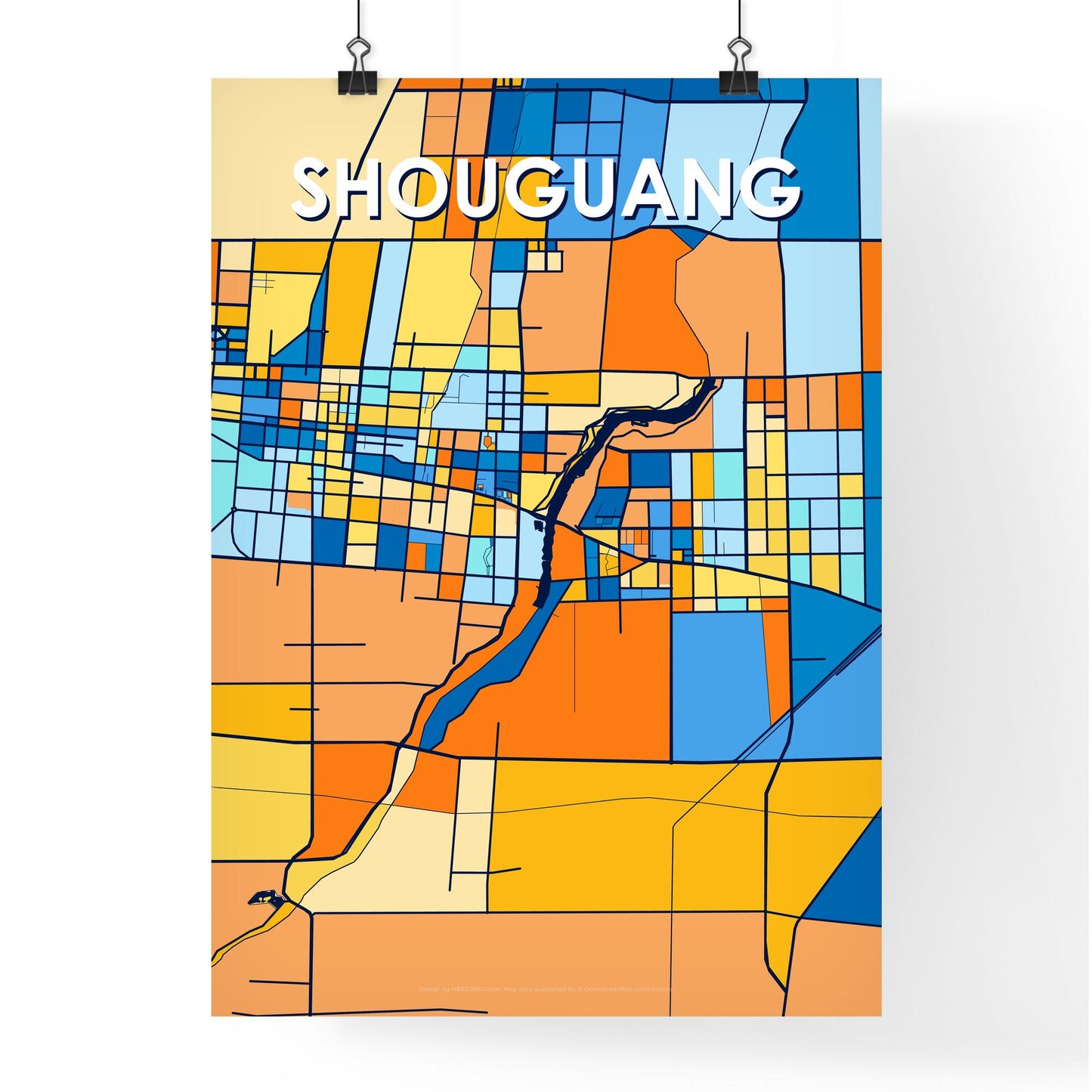 SHOUGUANG CHINA Vibrant Colorful Art Map Poster Blue Orange