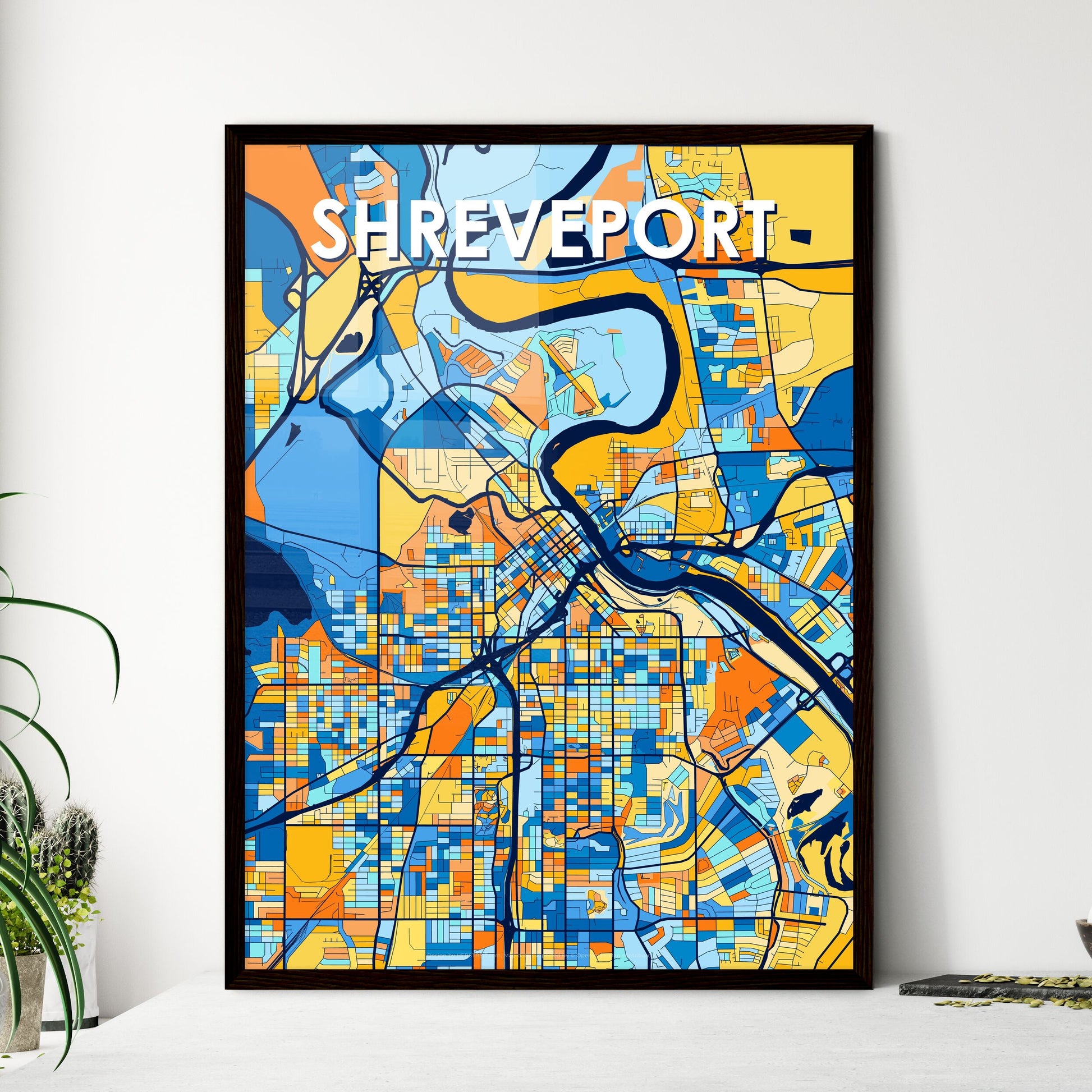 SHREVEPORT LOUISIANA Vibrant Colorful Art Map Poster Blue Orange