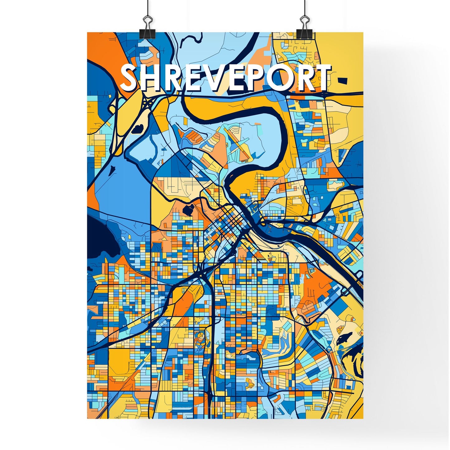 SHREVEPORT LOUISIANA Vibrant Colorful Art Map Poster Blue Orange