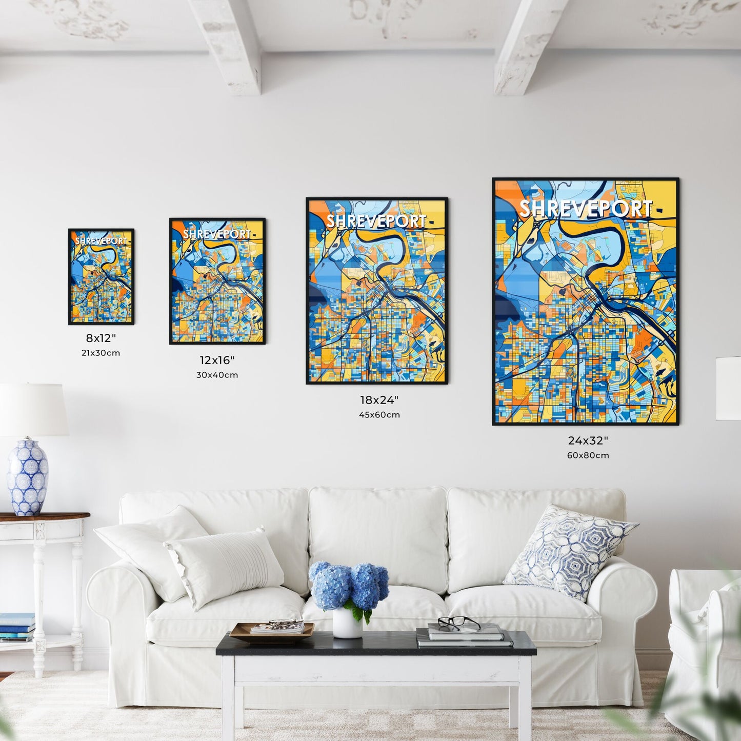 SHREVEPORT LOUISIANA Vibrant Colorful Art Map Poster Blue Orange