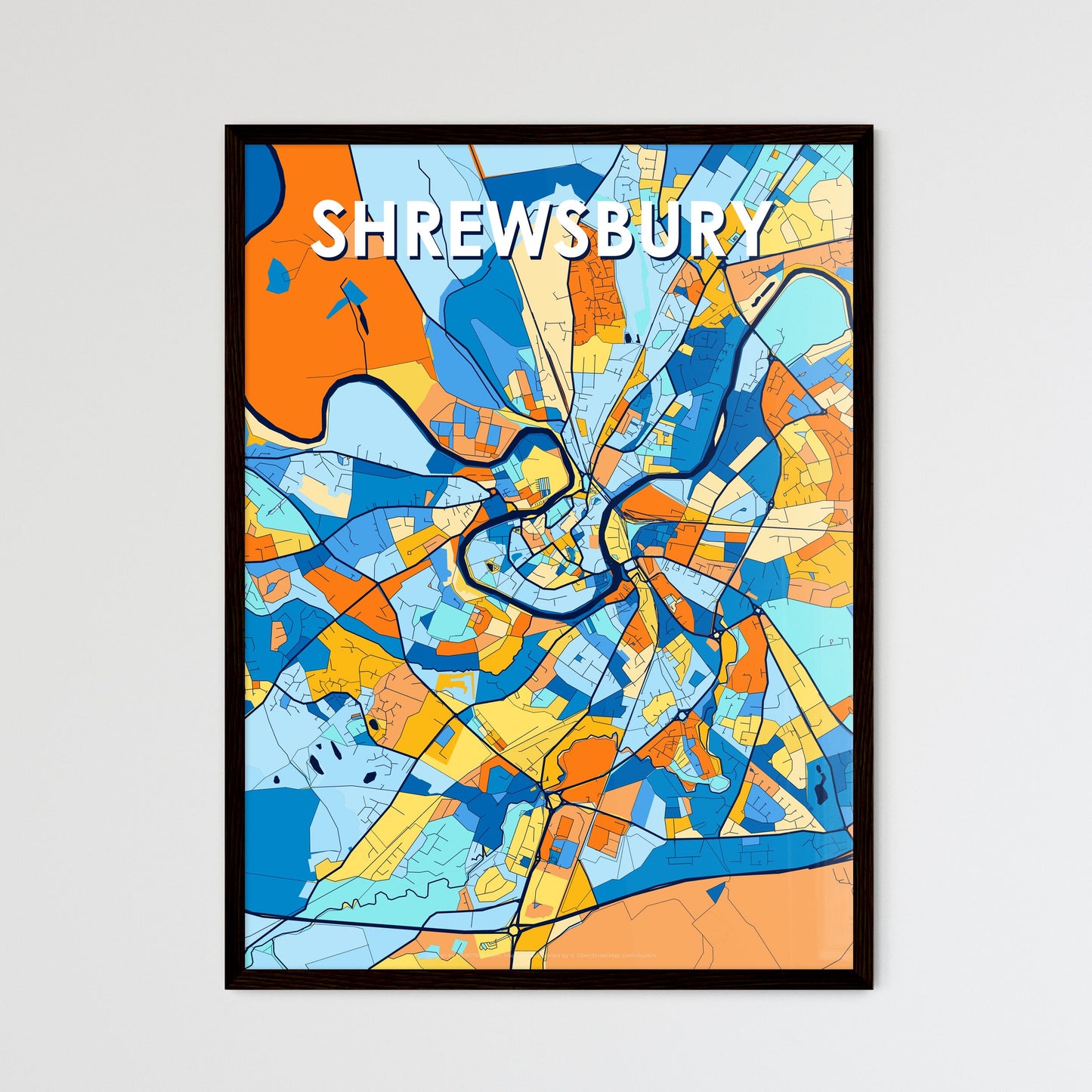 SHREWSBURY ENGLAND Vibrant Colorful Art Map Poster Blue Orange