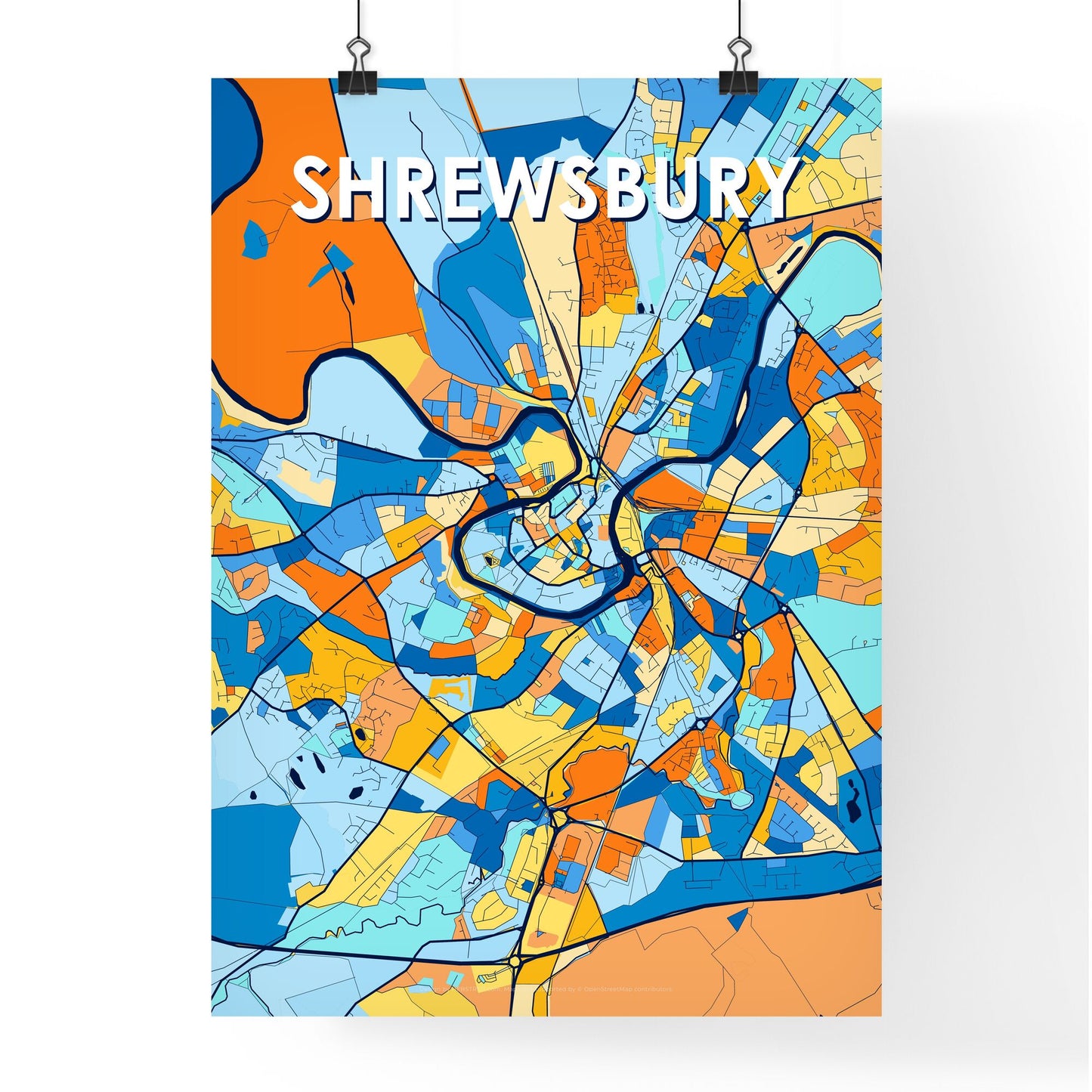 SHREWSBURY ENGLAND Vibrant Colorful Art Map Poster Blue Orange