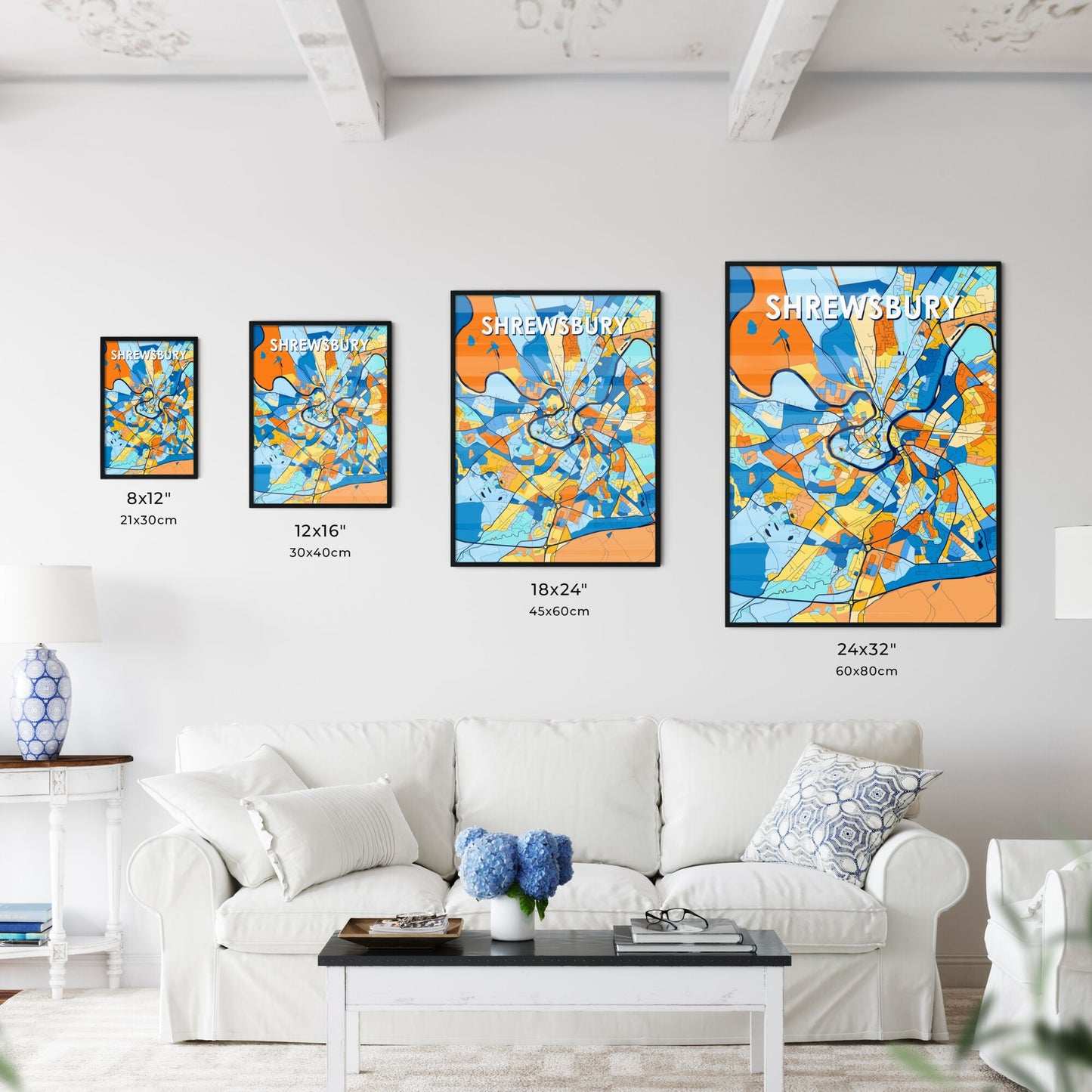 SHREWSBURY ENGLAND Vibrant Colorful Art Map Poster Blue Orange