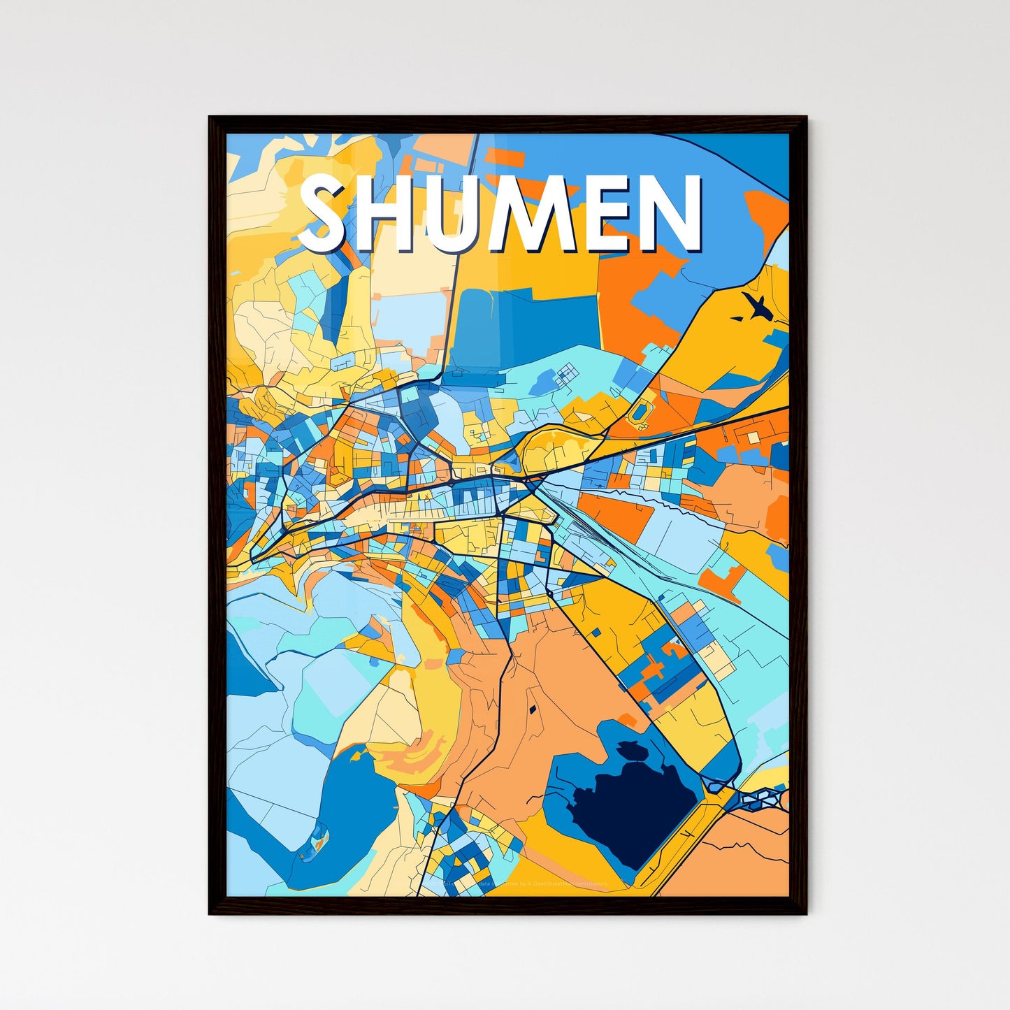 SHUMEN BULGARIA Vibrant Colorful Art Map Poster Blue Orange