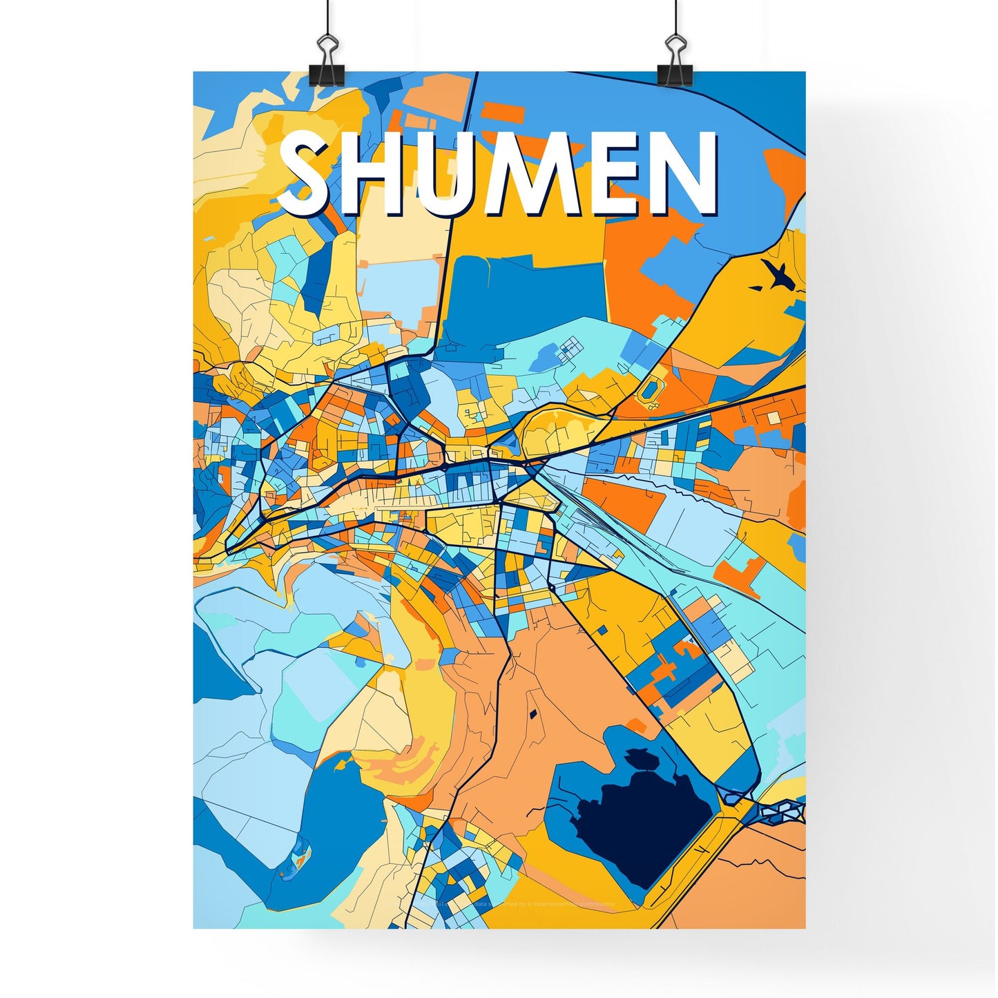 SHUMEN BULGARIA Vibrant Colorful Art Map Poster Blue Orange