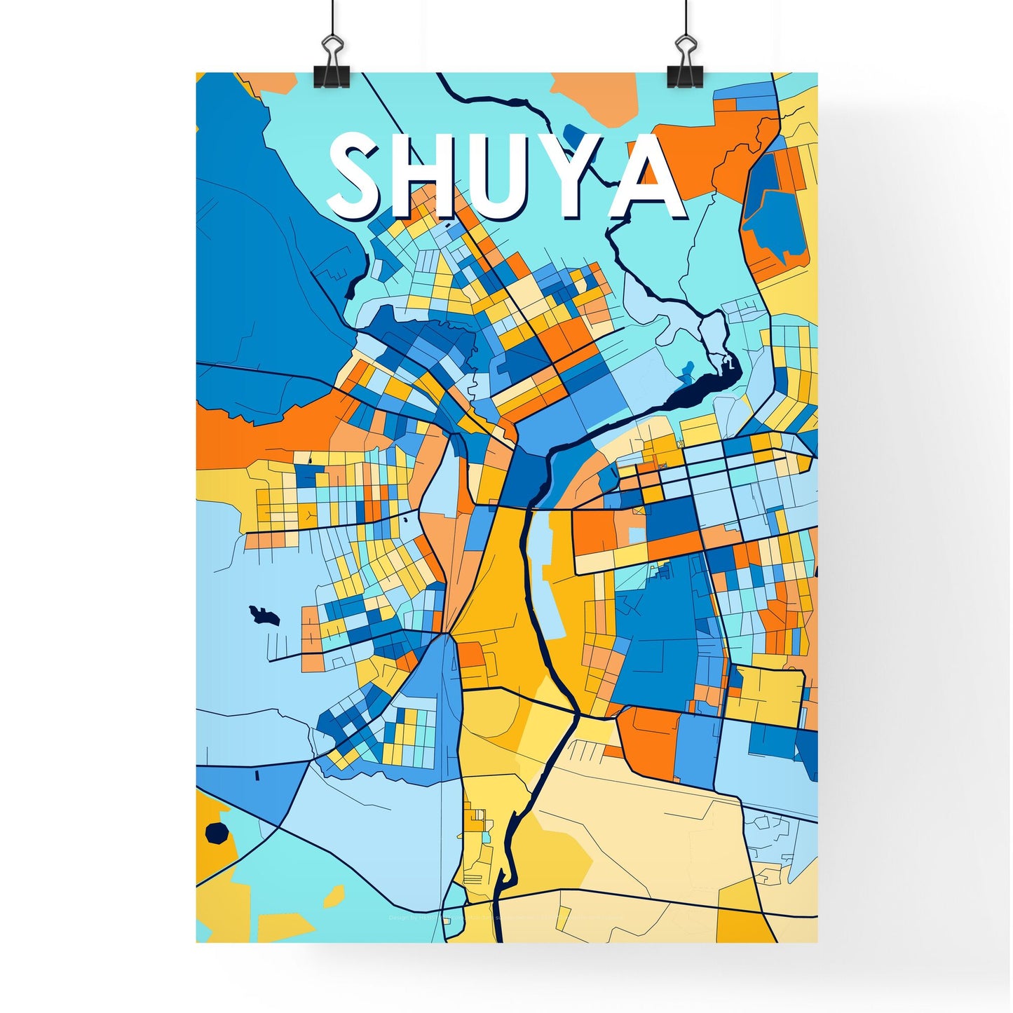 SHUYA RUSSIA Vibrant Colorful Art Map Poster Blue Orange