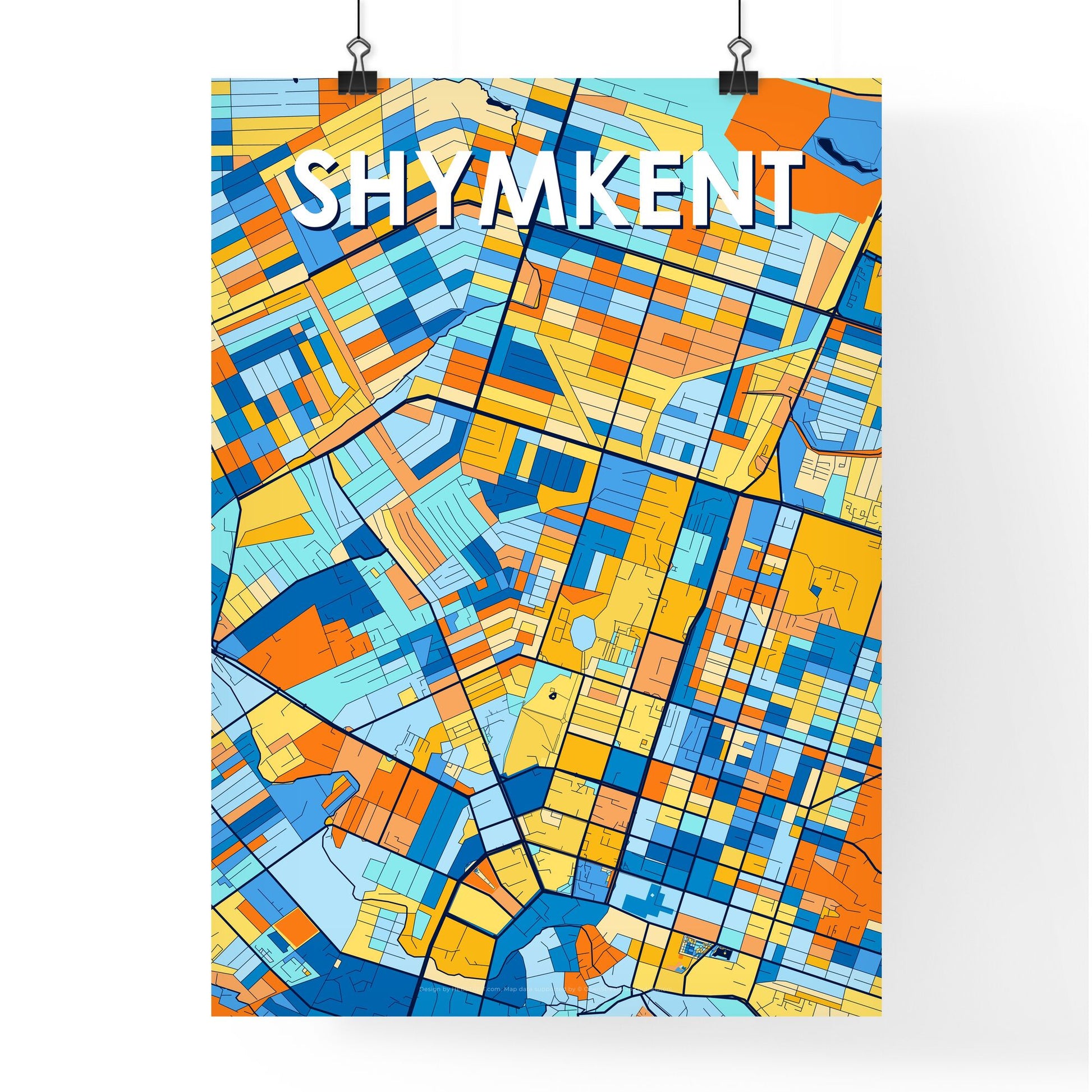 SHYMKENT KAZAKHSTAN Vibrant Colorful Art Map Poster Blue Orange