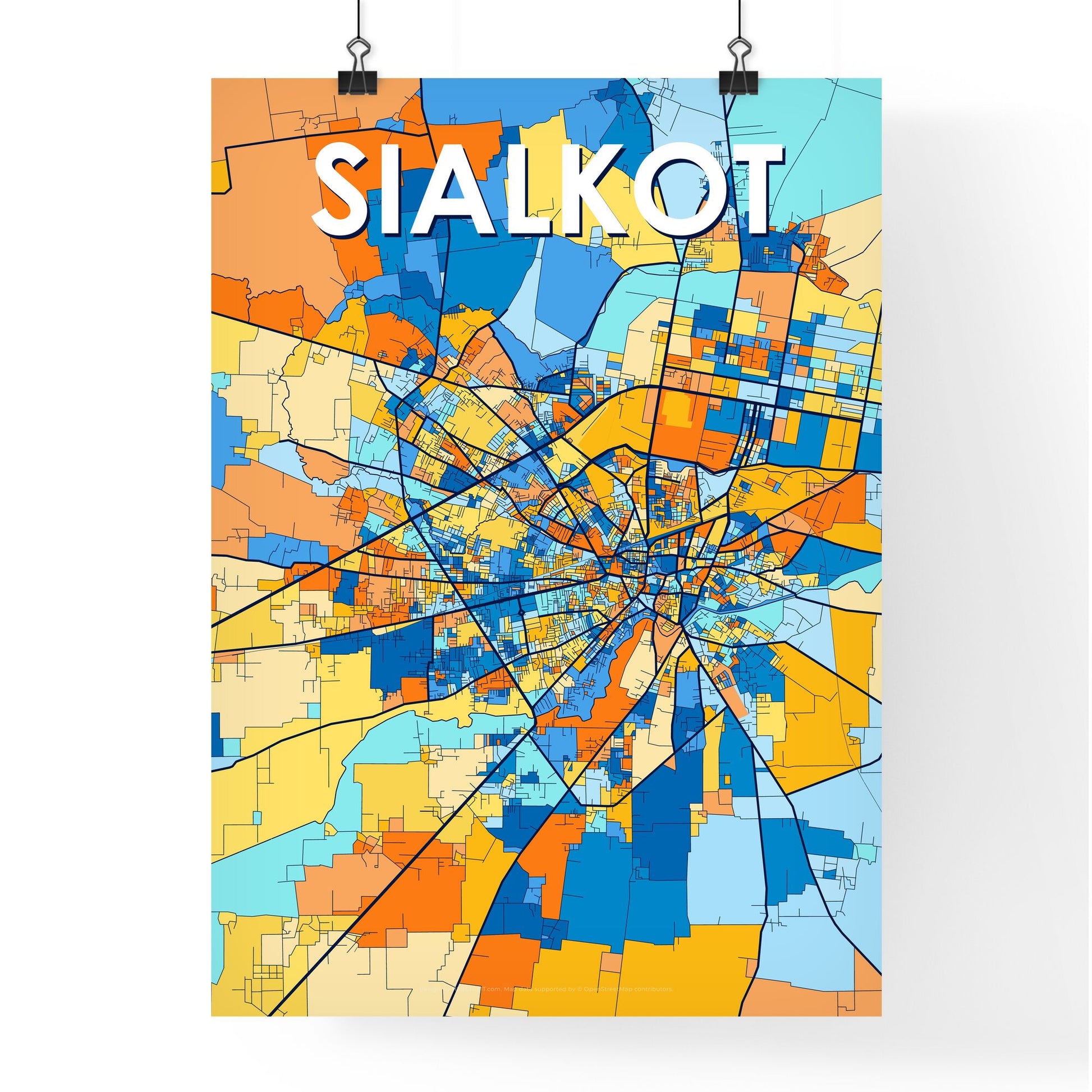 SIALKOT PAKISTAN Vibrant Colorful Art Map Poster Blue Orange