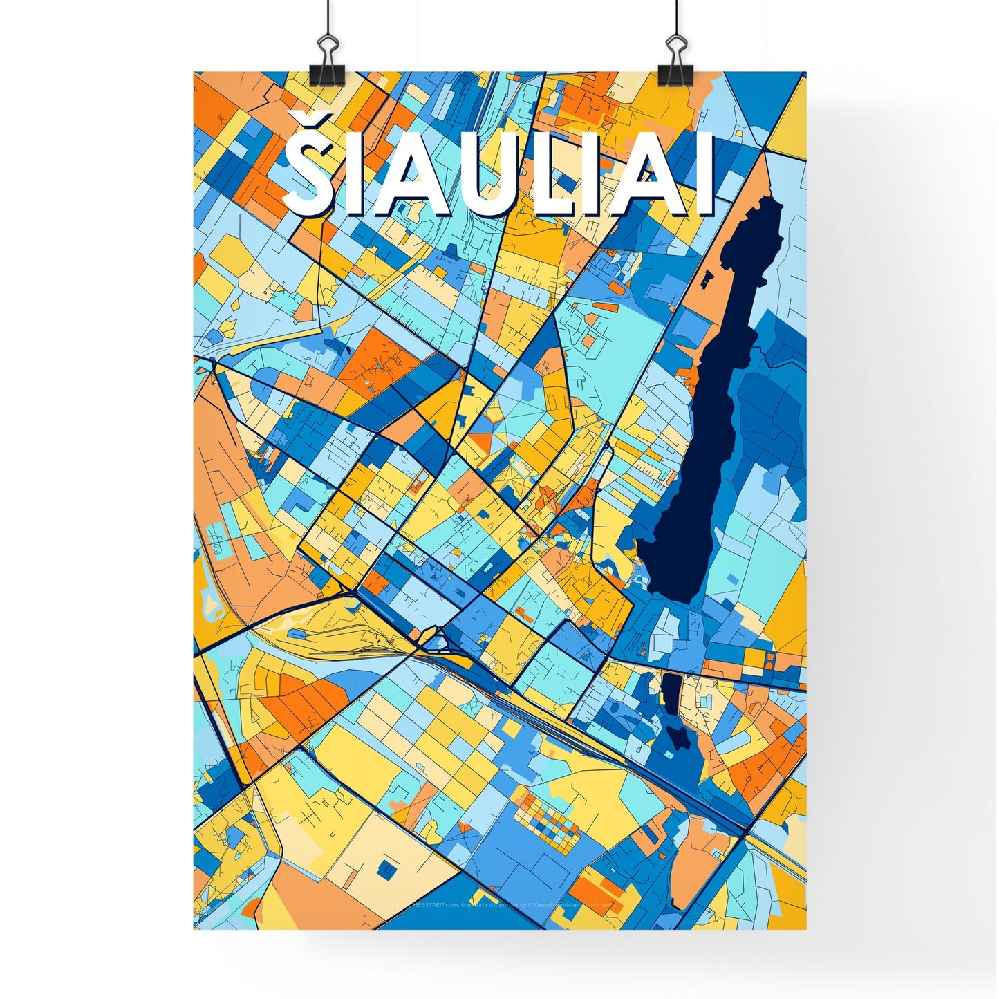 ŠIAULIAI LITHUANIA Vibrant Colorful Art Map Poster Blue Orange