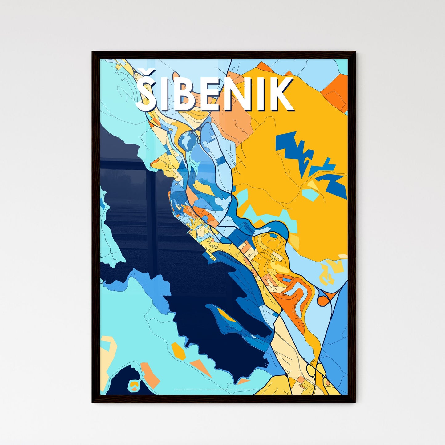 ŠIBENIK CROATIA Vibrant Colorful Art Map Poster Blue Orange