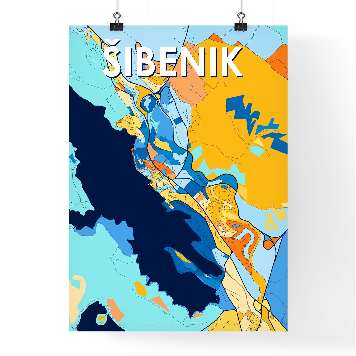 ŠIBENIK CROATIA Vibrant Colorful Art Map Poster Blue Orange