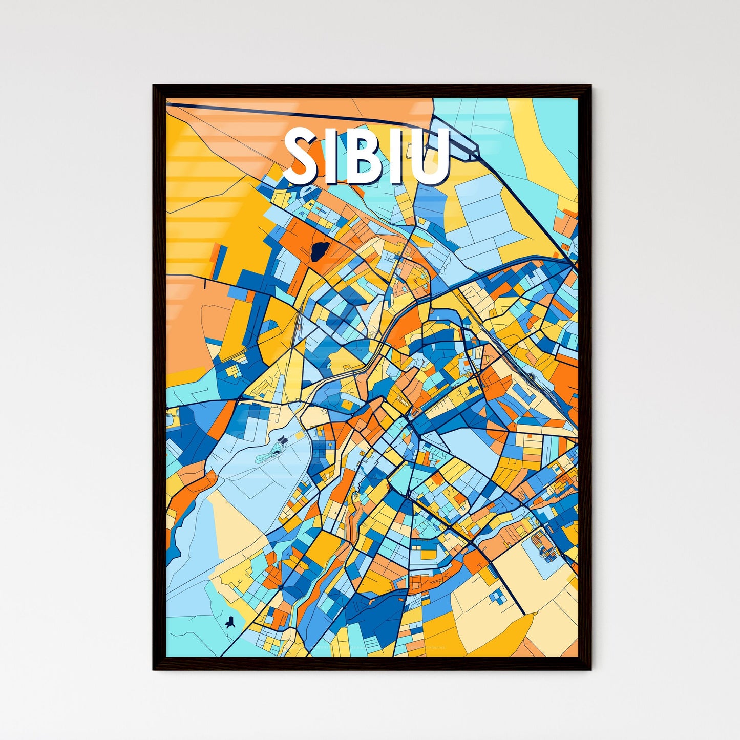 SIBIU ROMANIA Vibrant Colorful Art Map Poster Blue Orange