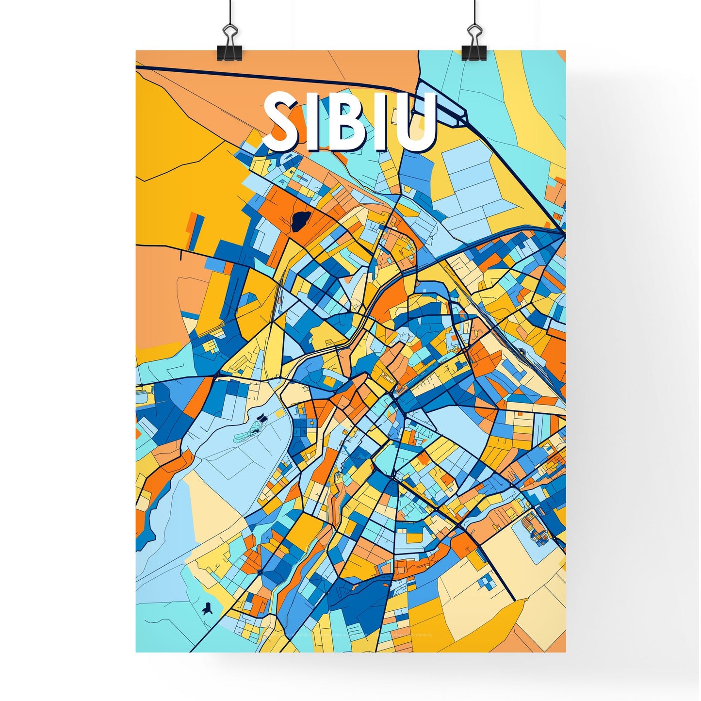 SIBIU ROMANIA Vibrant Colorful Art Map Poster Blue Orange