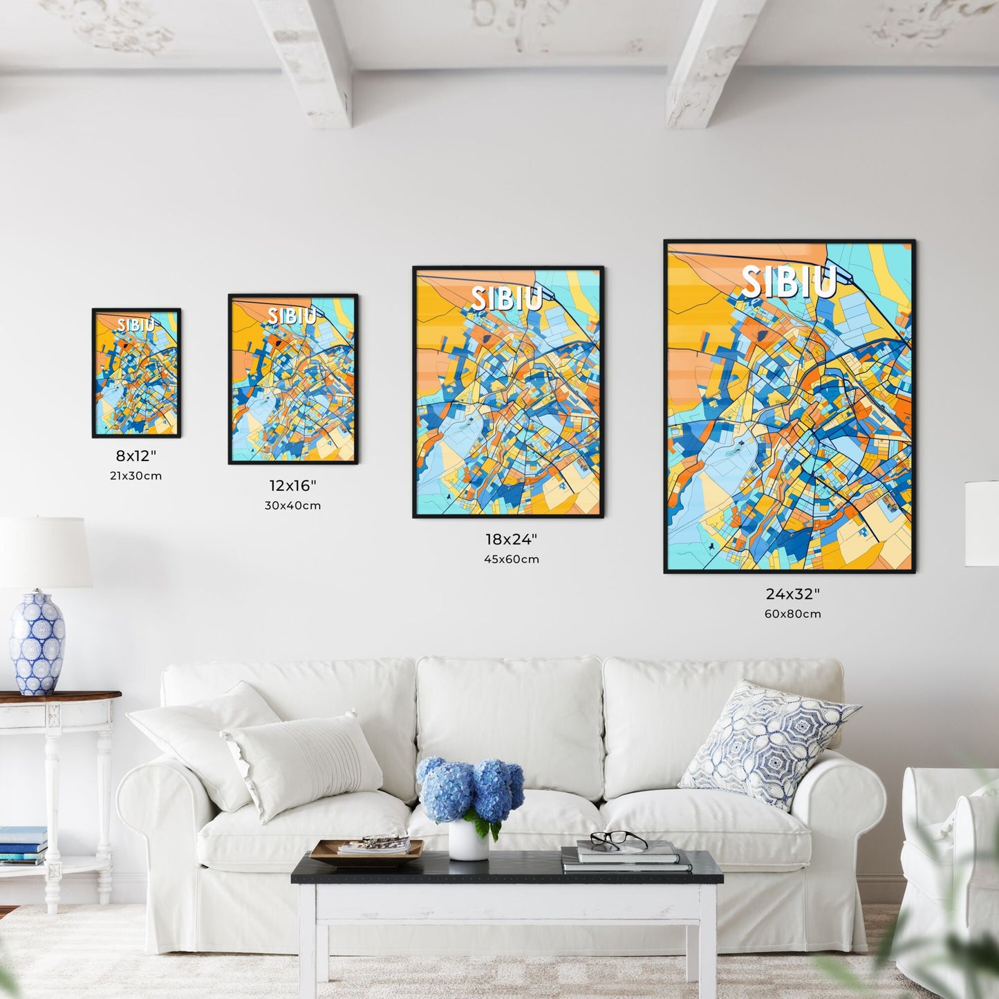 SIBIU ROMANIA Vibrant Colorful Art Map Poster Blue Orange