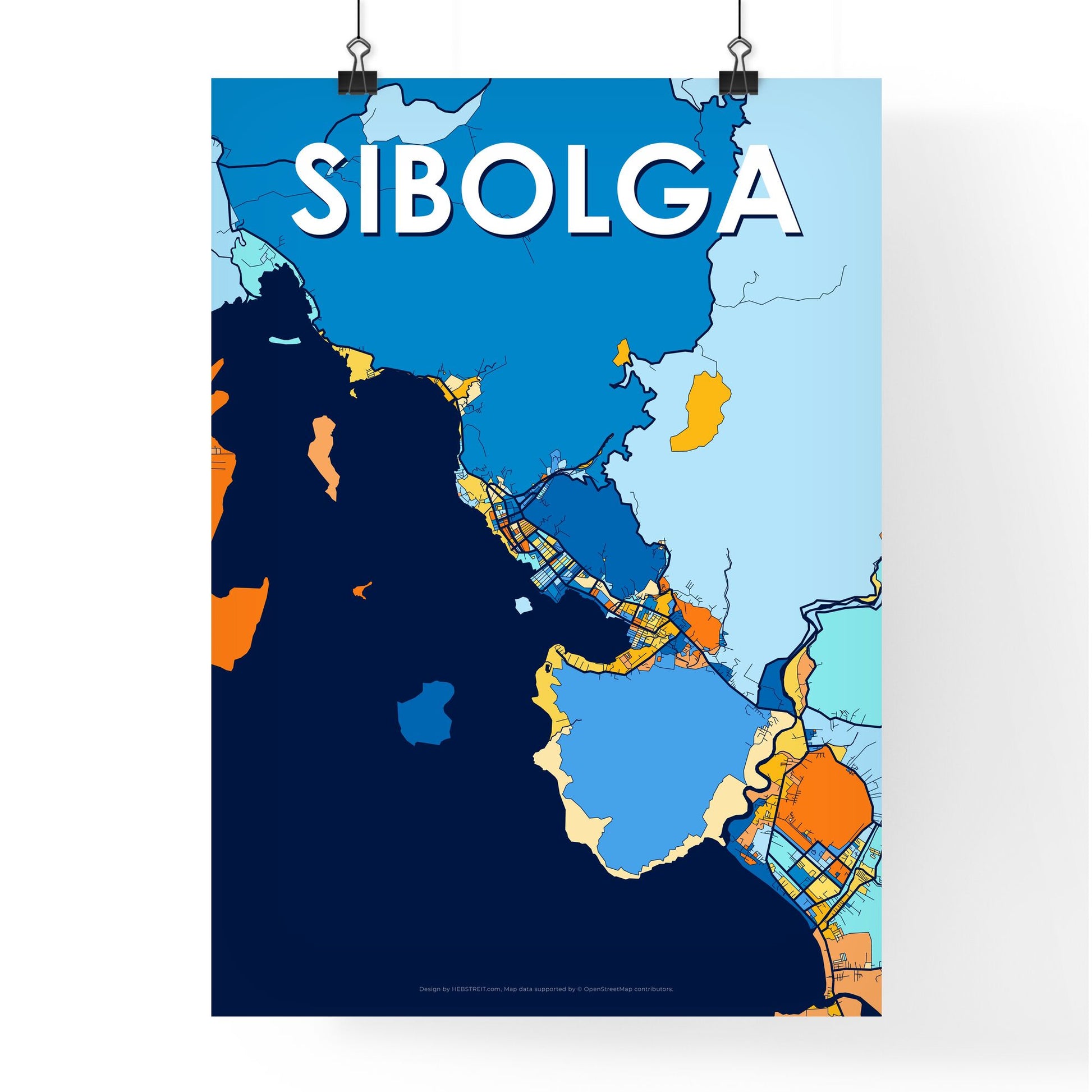 SIBOLGA INDONESIA Vibrant Colorful Art Map Poster Blue Orange