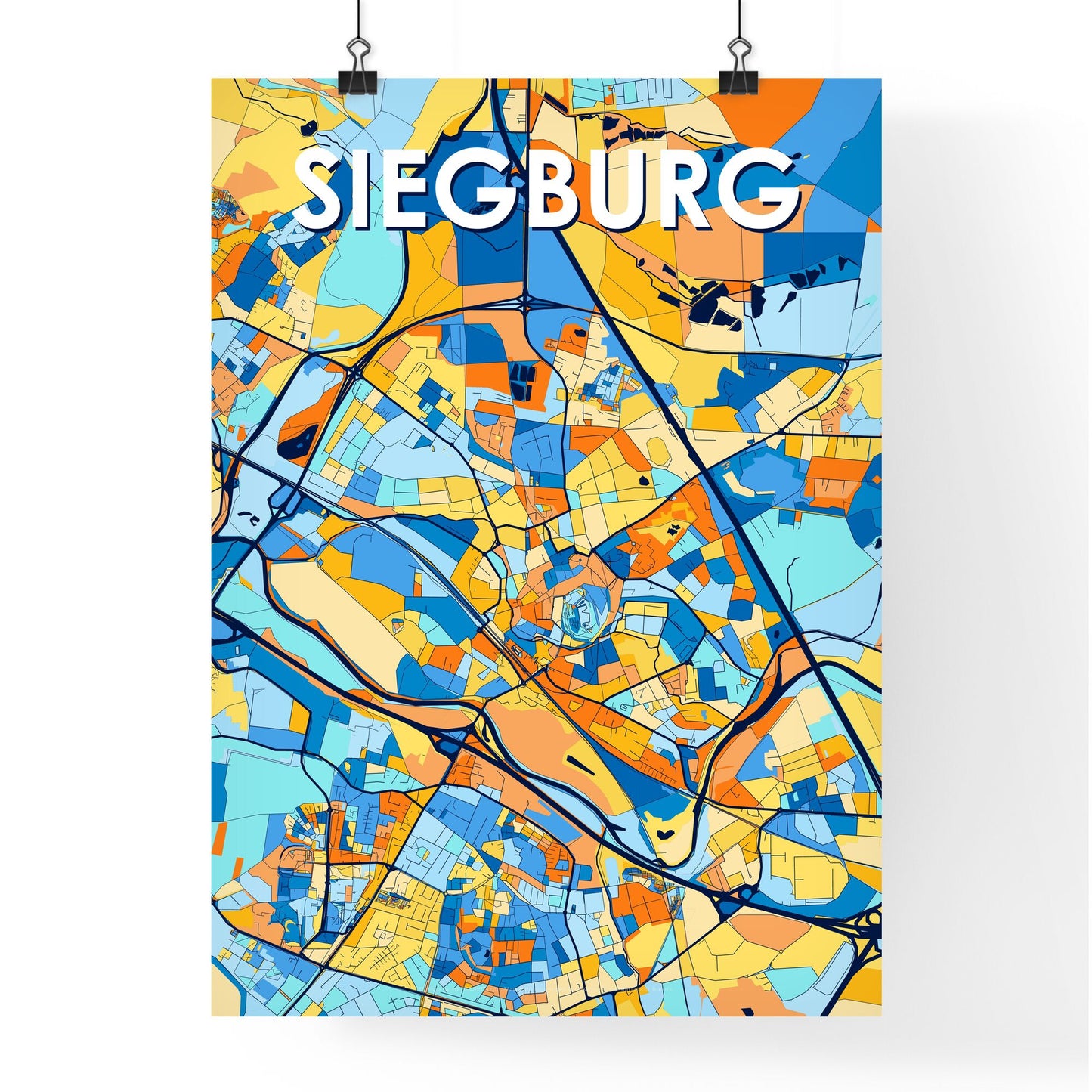 SIEGBURG GERMANY Vibrant Colorful Art Map Poster Blue Orange