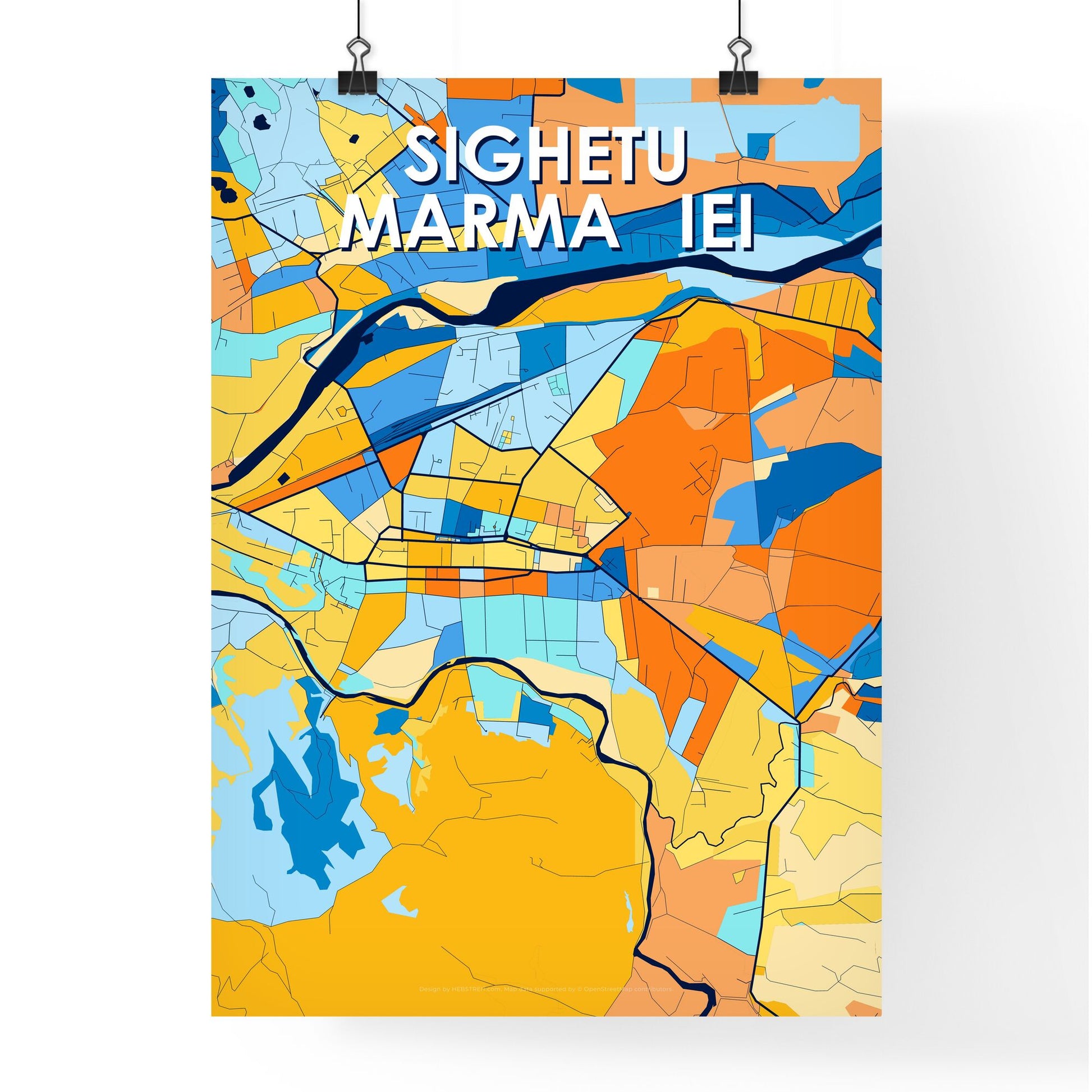 SIGHETU MARMAȚIEI ROMANIA Vibrant Colorful Art Map Poster Blue Orange