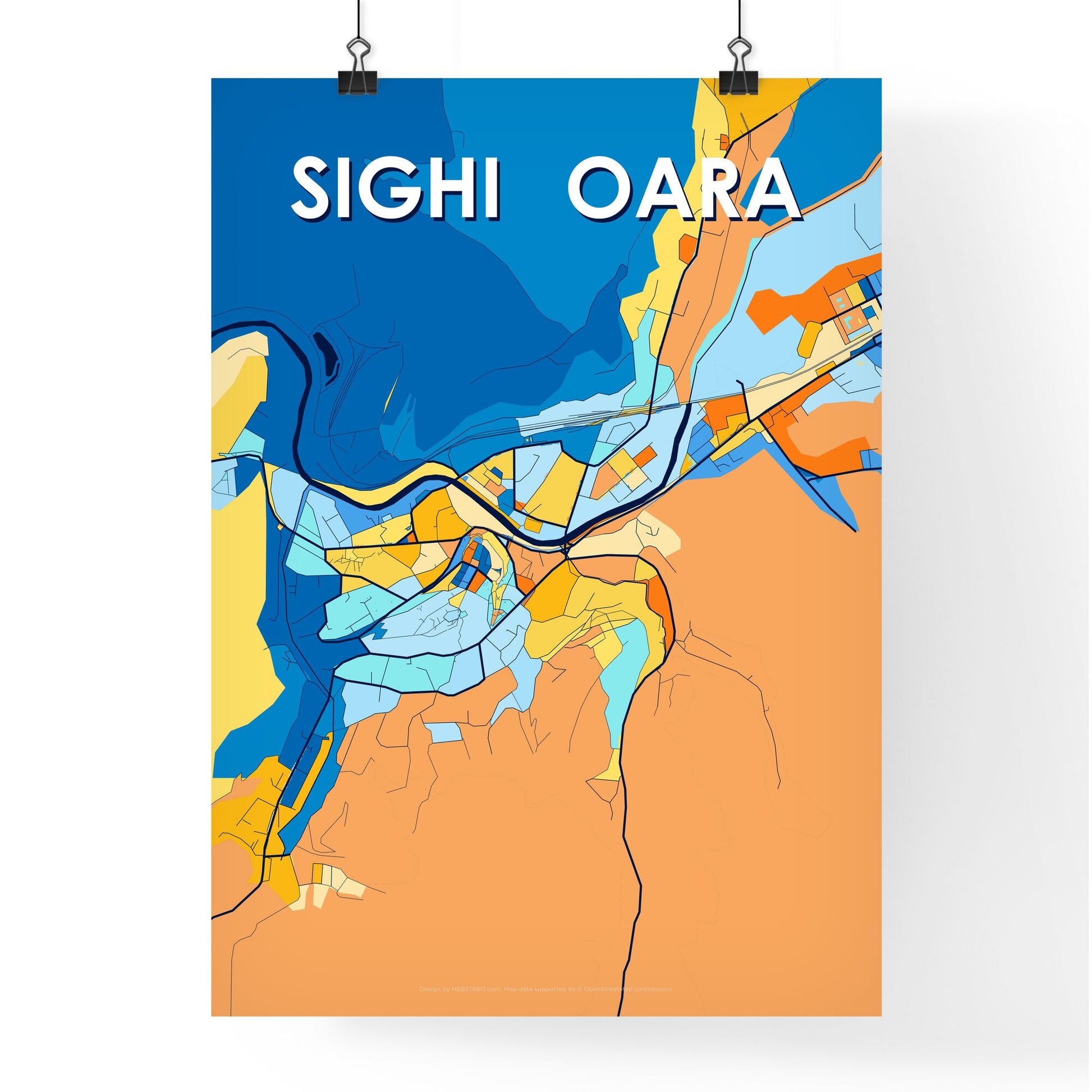 SIGHIȘOARA ROMANIA Vibrant Colorful Art Map Poster Blue Orange