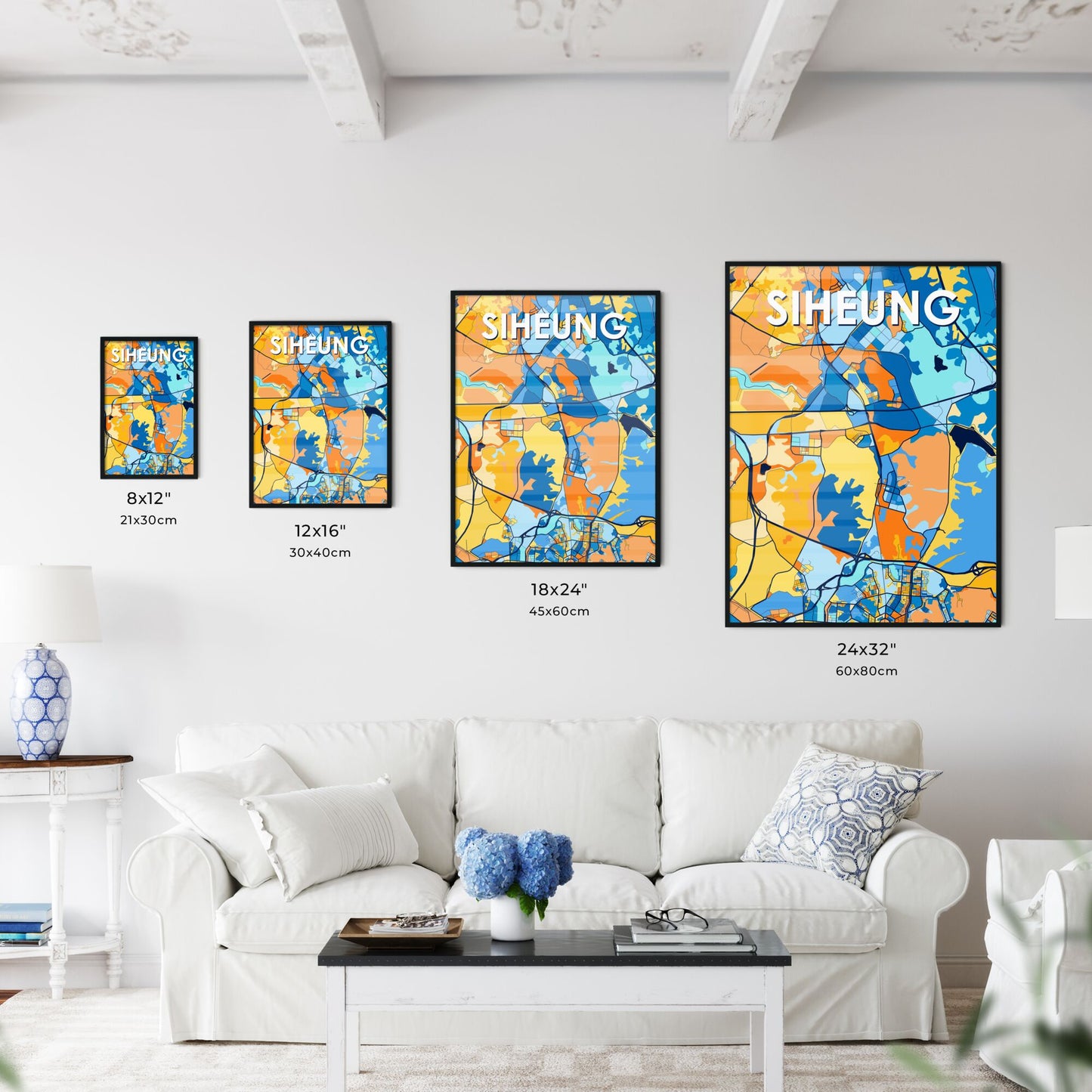 SIHEUNG SOUTH KOREA Vibrant Colorful Art Map Poster Blue Orange