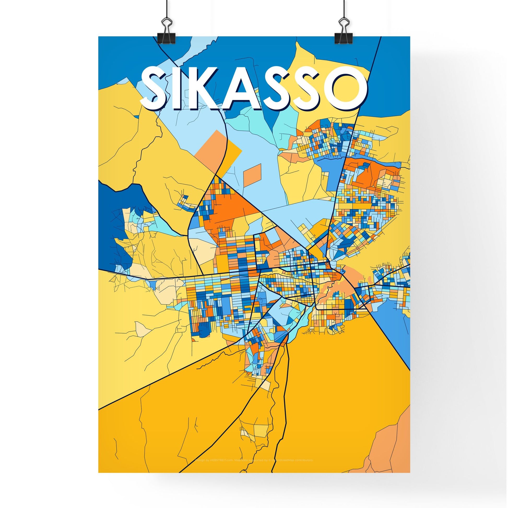 SIKASSO MALI Vibrant Colorful Art Map Poster Blue Orange