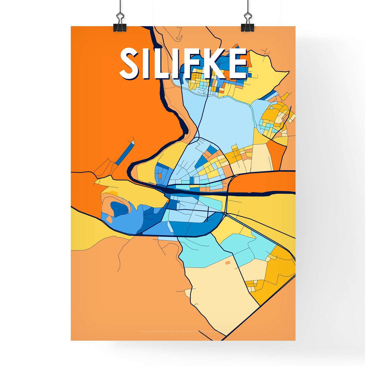 SILIFKE TURKEY Vibrant Colorful Art Map Poster Blue Orange