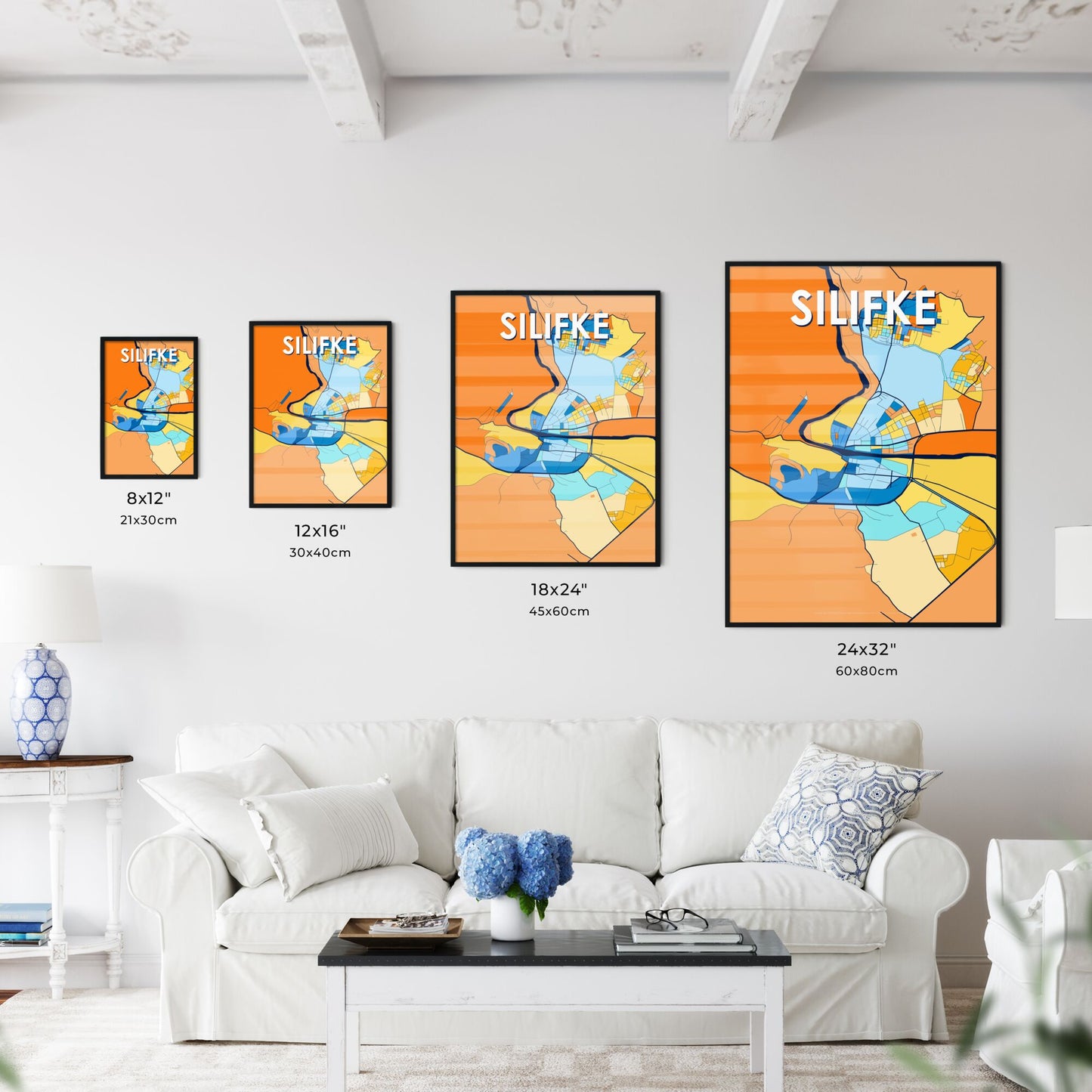 SILIFKE TURKEY Vibrant Colorful Art Map Poster Blue Orange