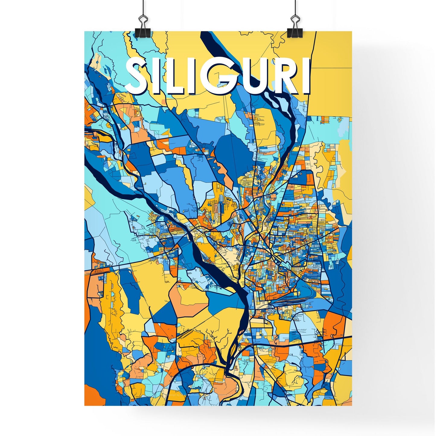 SILIGURI INDIA Vibrant Colorful Art Map Poster Blue Orange