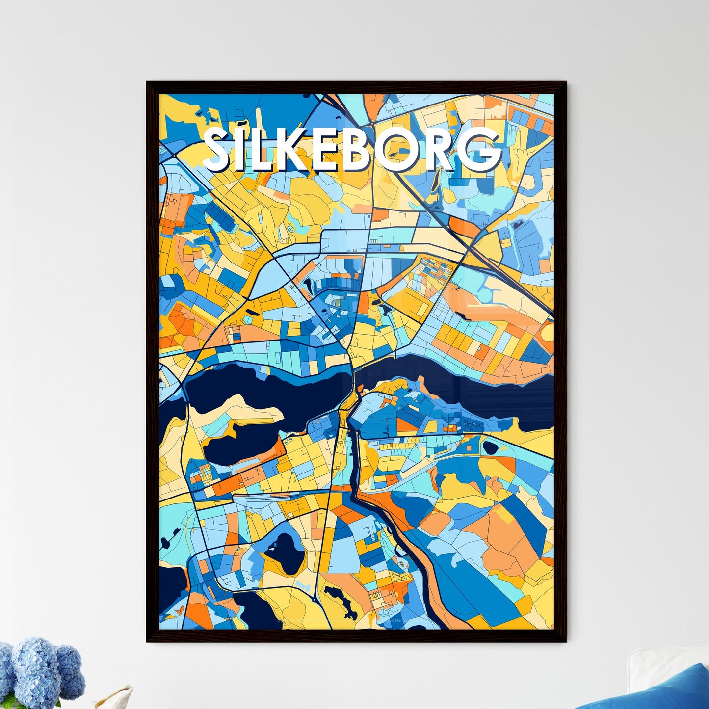 SILKEBORG DENMARK Vibrant Colorful Art Map Poster Blue Orange