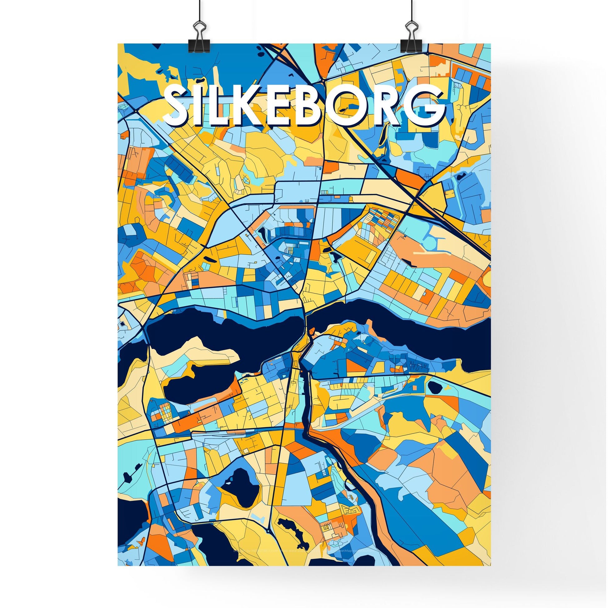 SILKEBORG DENMARK Vibrant Colorful Art Map Poster Blue Orange