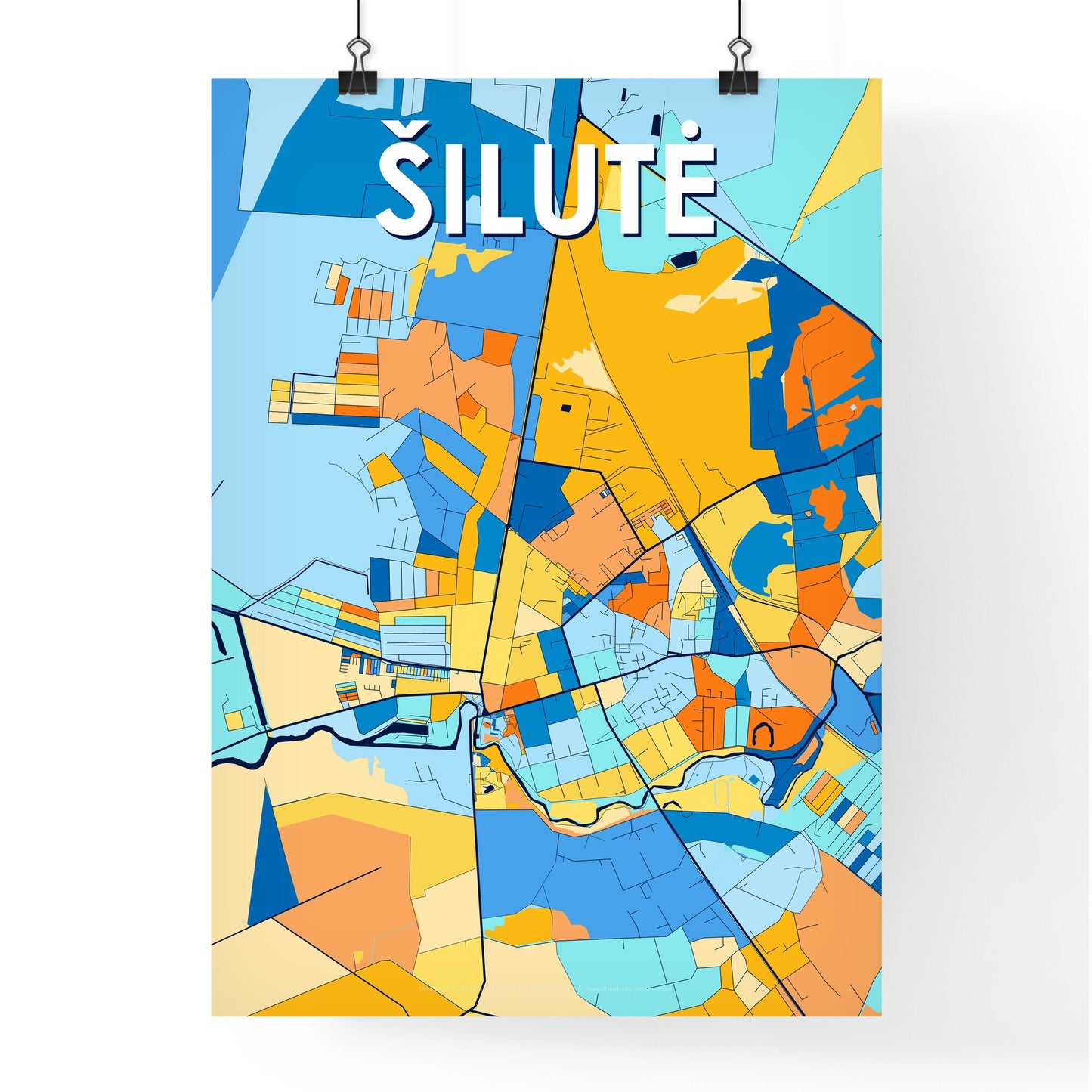 ŠILUTĖ LITHUANIA Vibrant Colorful Art Map Poster Blue Orange