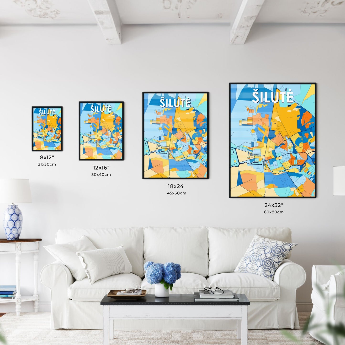 ŠILUTĖ LITHUANIA Vibrant Colorful Art Map Poster Blue Orange