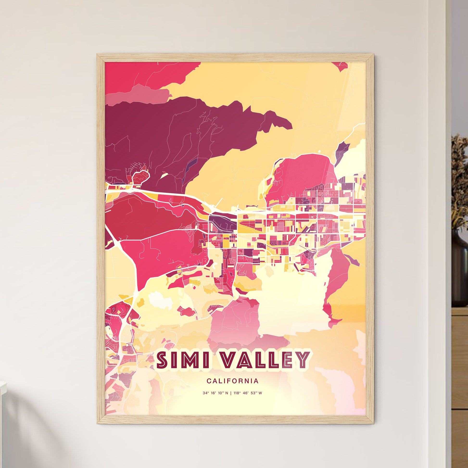 Colorful Simi Valley California Fine Art Map Hot Red