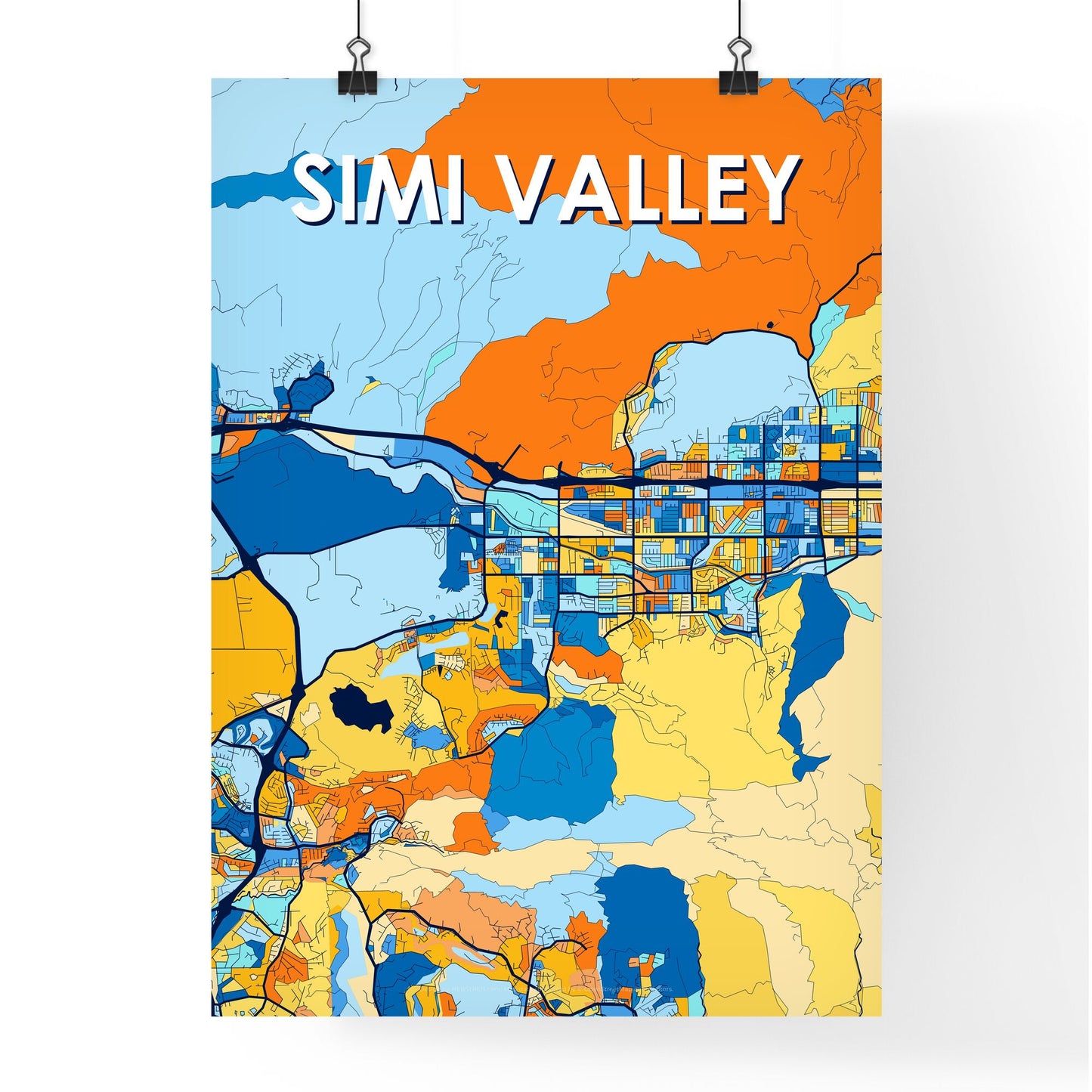 SIMI VALLEY CALIFORNIA Vibrant Colorful Art Map Poster Blue Orange