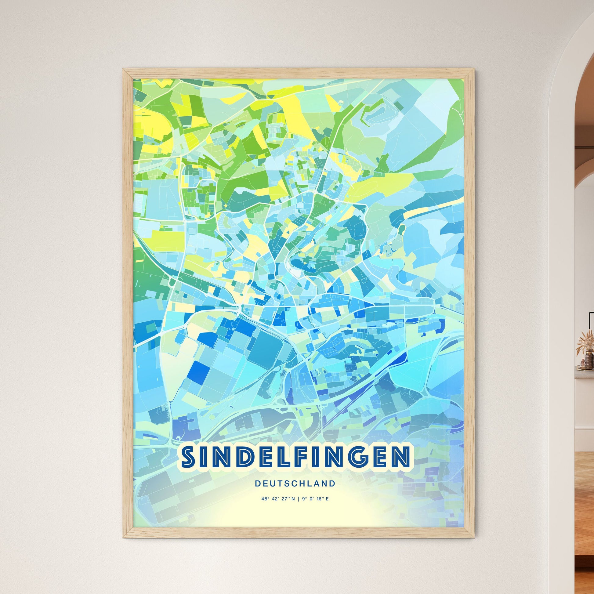 Colorful Sindelfingen Germany Fine Art Map Cool Blue