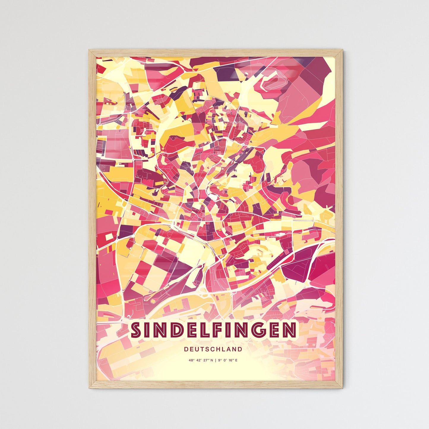 Colorful Sindelfingen Germany Fine Art Map Hot Red