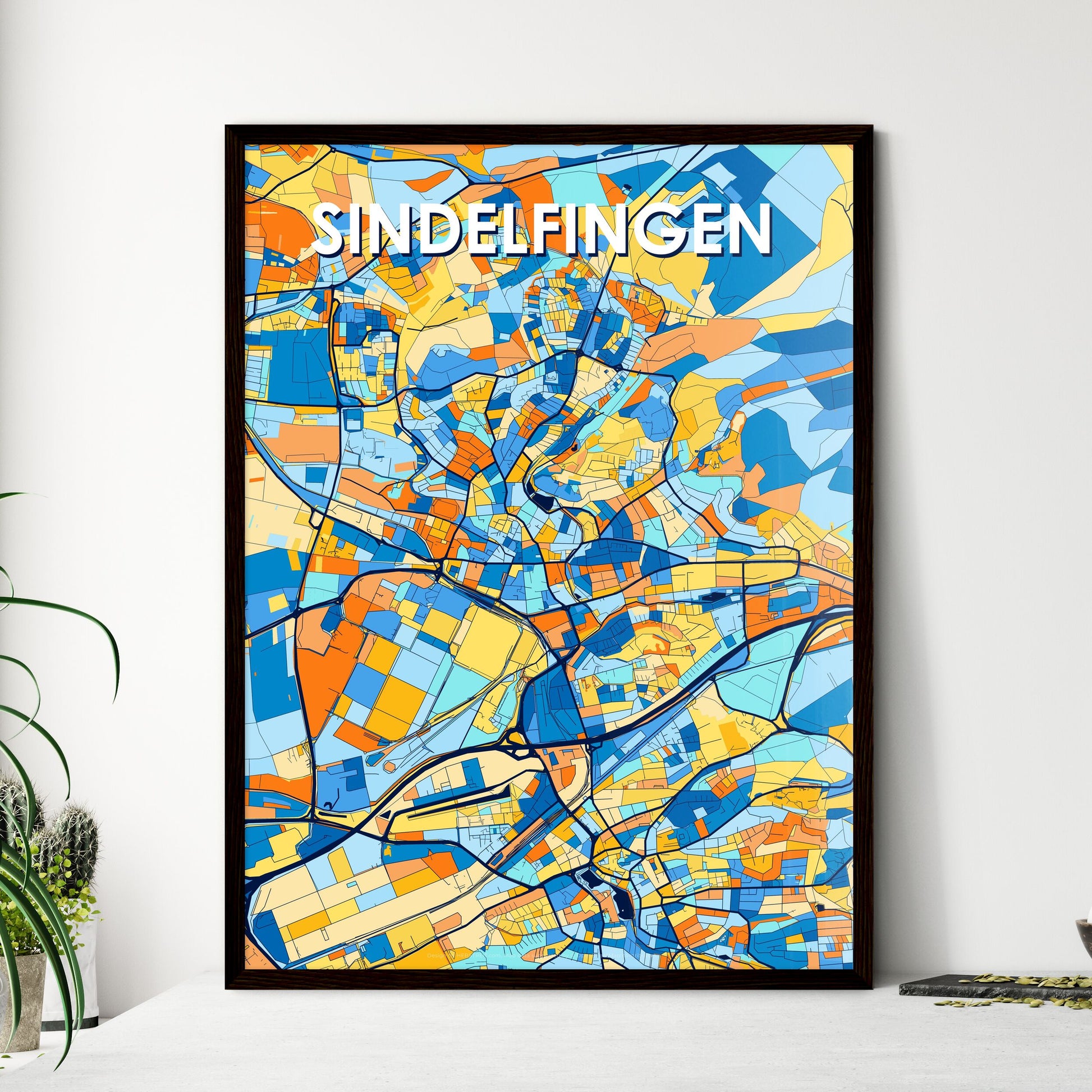 SINDELFINGEN GERMANY Vibrant Colorful Art Map Poster Blue Orange