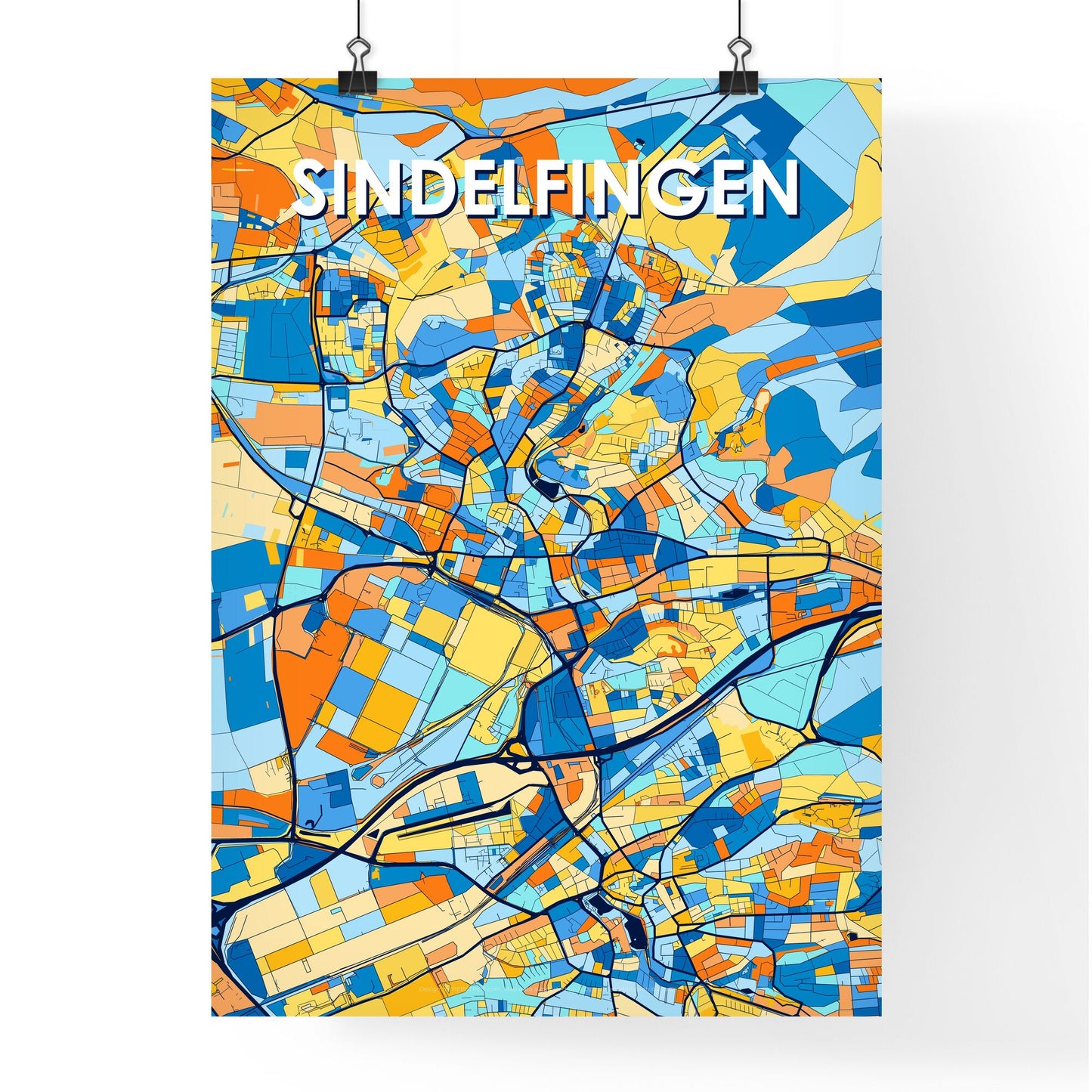 SINDELFINGEN GERMANY Vibrant Colorful Art Map Poster Blue Orange