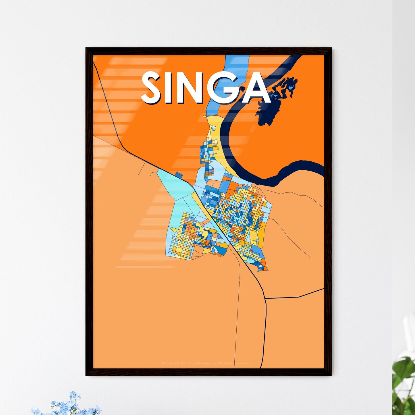 SINGA SUDAN Vibrant Colorful Art Map Poster Blue Orange