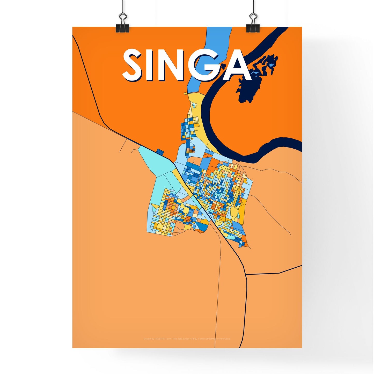 SINGA SUDAN Vibrant Colorful Art Map Poster Blue Orange