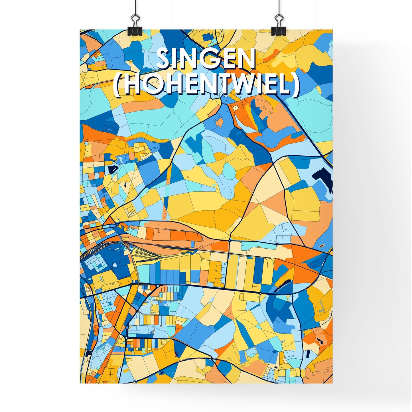 SINGEN (HOHENTWIEL) GERMANY Vibrant Colorful Art Map Poster Blue Orange