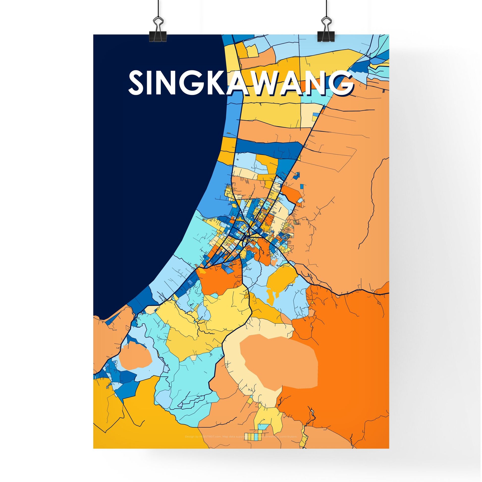 SINGKAWANG INDONESIA Vibrant Colorful Art Map Poster Blue Orange