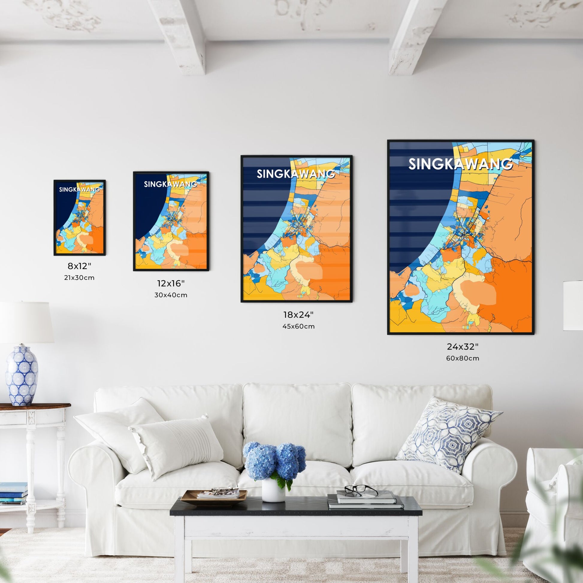 SINGKAWANG INDONESIA Vibrant Colorful Art Map Poster Blue Orange